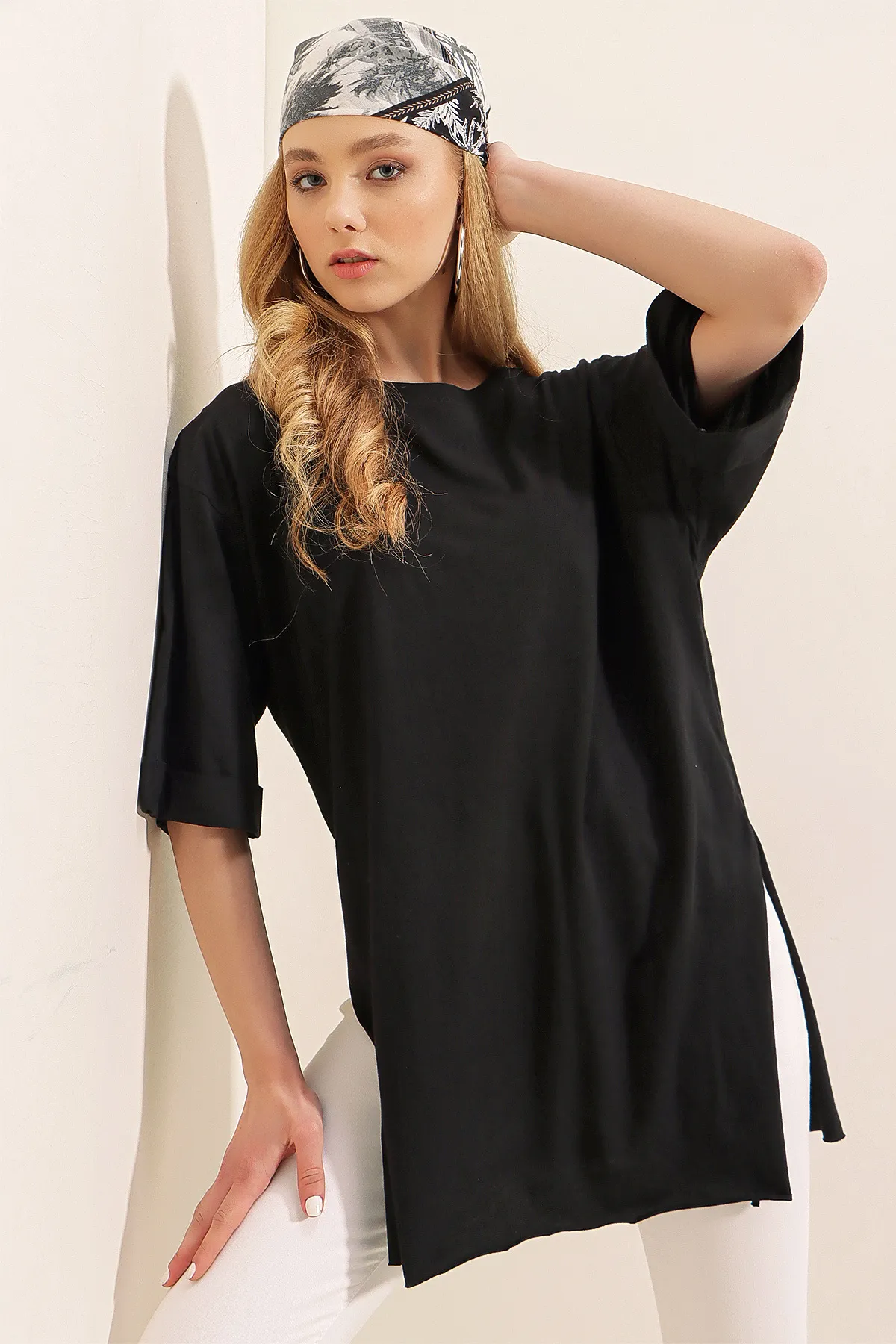 Bigdart  4123 Geschlitztes Oversize-T-Shirt – Schwarz