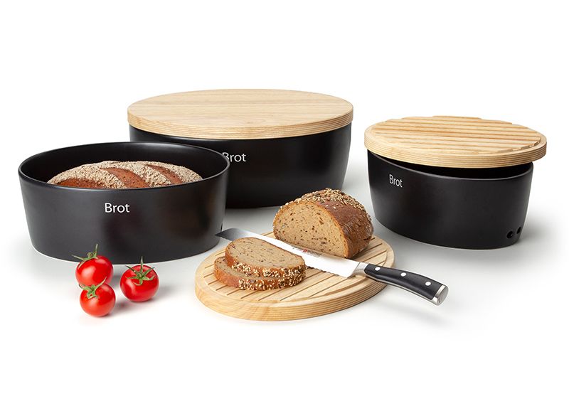 Continenta Brottopf oval mit Holzdeckel 30 cm Schwarz