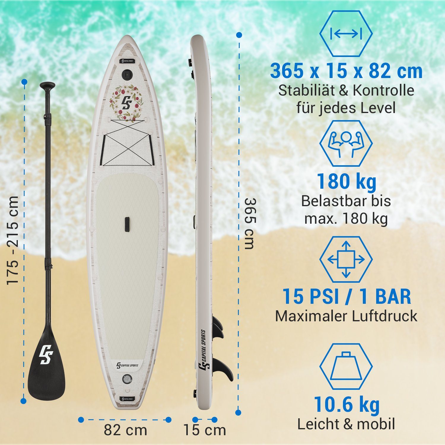 Capital Sports Inflatable SUP-Board Kipu Allrounder 365, Paddle Board, (Set), Stand Up Paddling Board Standup Paddle Board SUP Board Paddel Board
