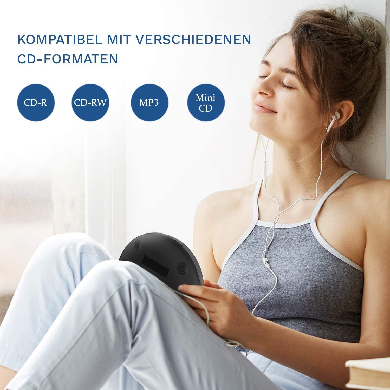 KLIM Tragbarer Discman, inklusive Kopfhörer Stereo-CD Player (hochwertiger CD-Spieler für unverwechselbares Hörerlebnis)