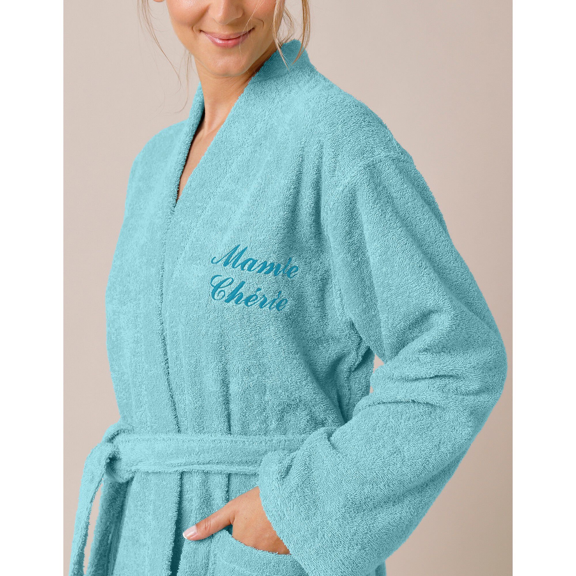 Peignoir mixte adulte uni coton éponge bouclette col kimono personnalisé