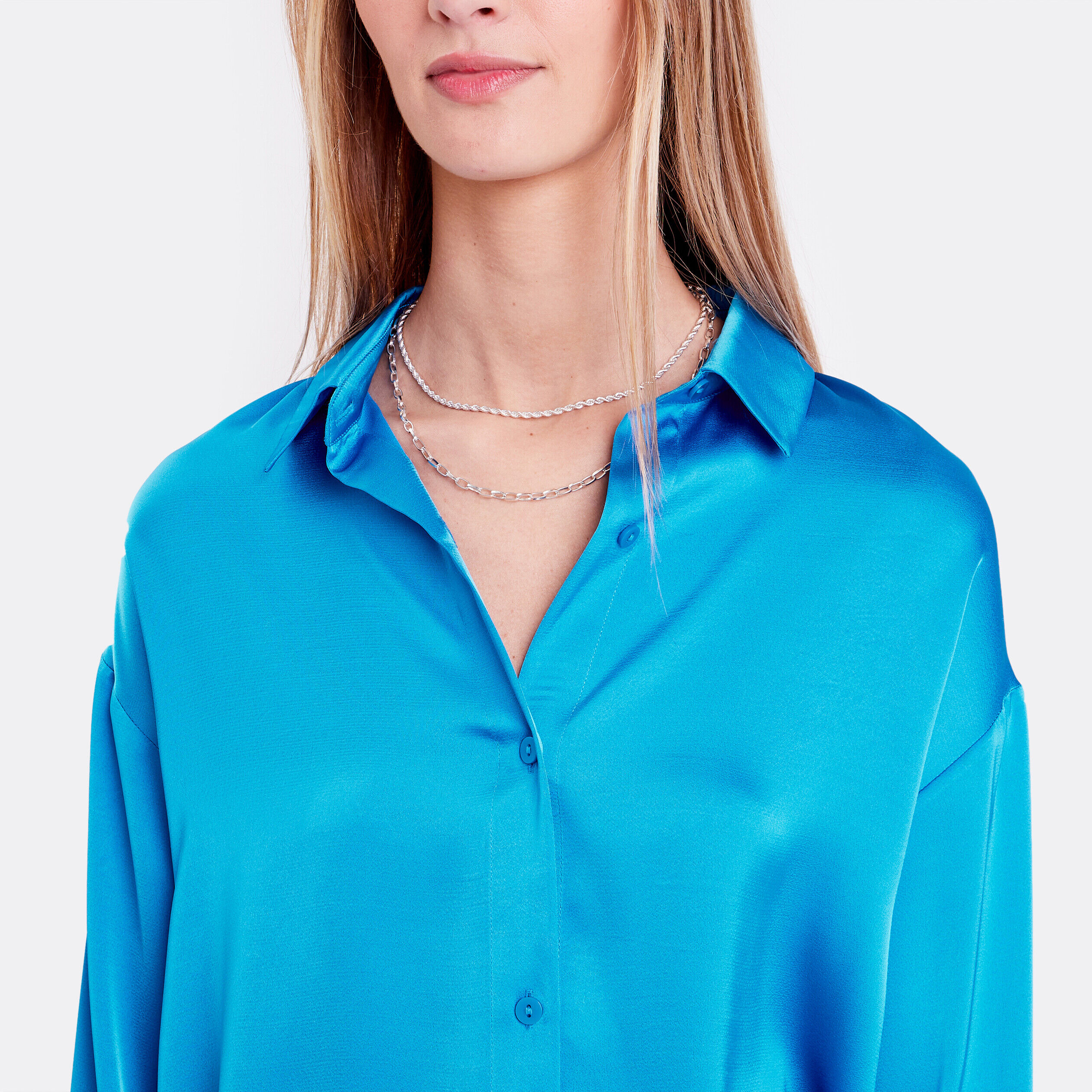 Chemise manches longues satin bleu femme | Cache Cache