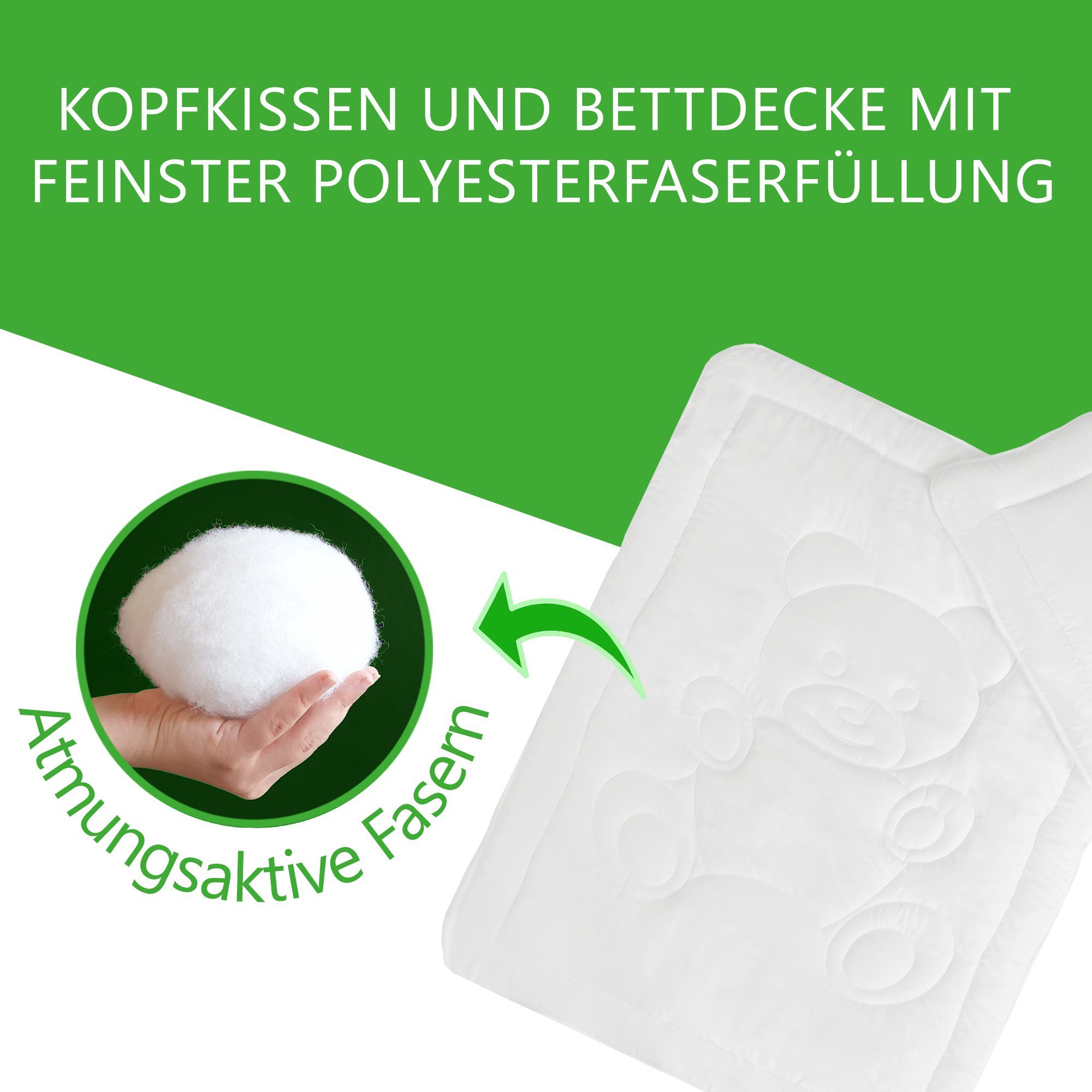 Kinderbettdecke + Kopfkissen, Kinderbettenset Teddy 2-teilig – Bettdecke 100x135 + Kopfkissen 40x60, DILUMA, Füllung: Polyester, Baby und Kinder Bettdecke Kissen Set, für Kinderbett Babybett