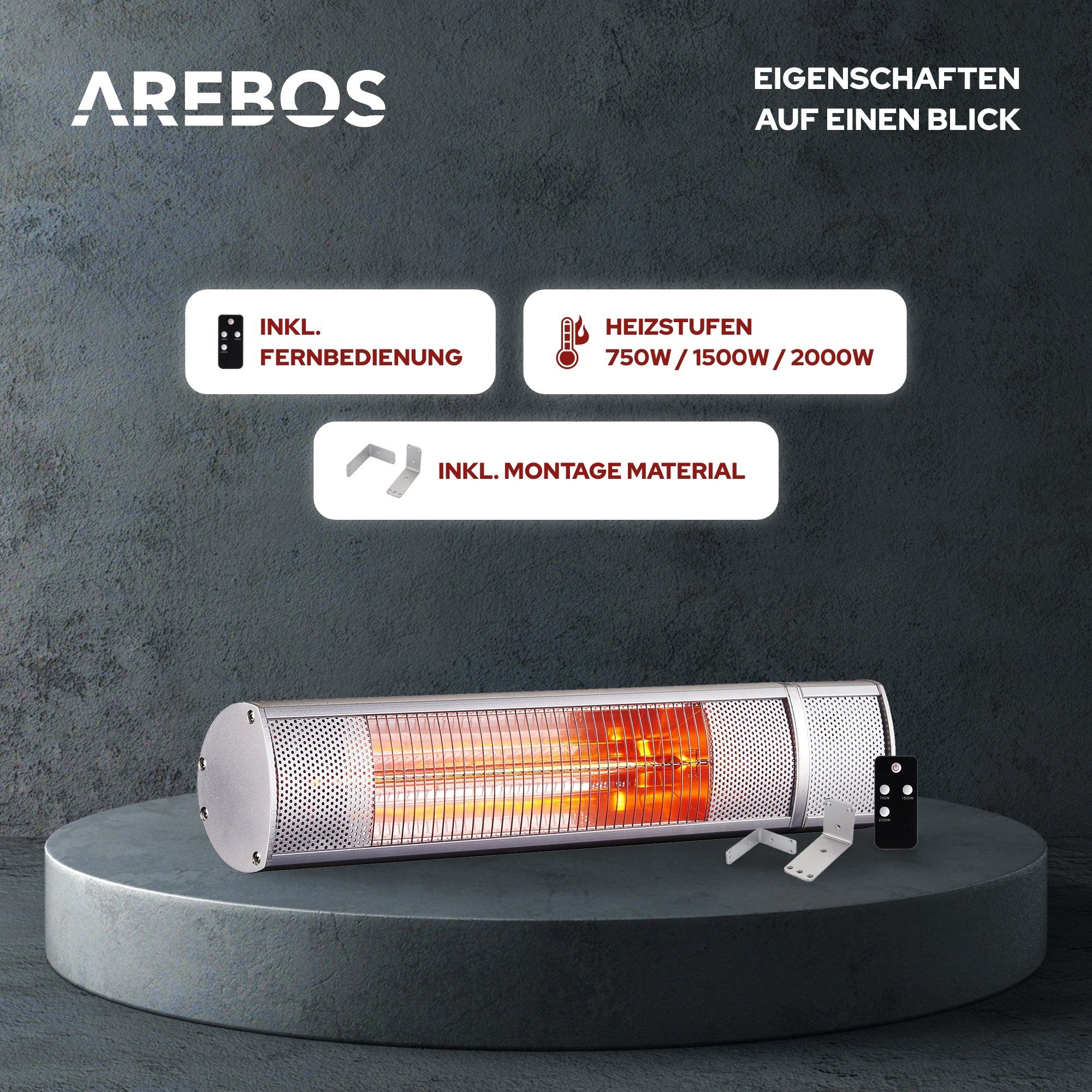 Arebos Heizstrahler 2.000 W, Infrarotheizstrahler mit Fernbedienung, 3 Heizstufen