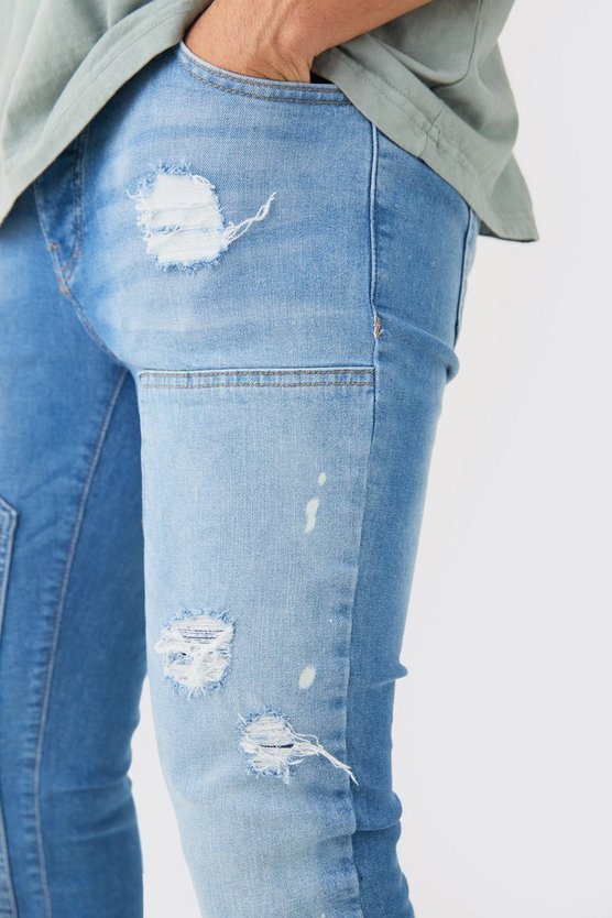 Skinny Stretch Stacked Ripped Carpenter Zip Hem Jeans In Light Blue