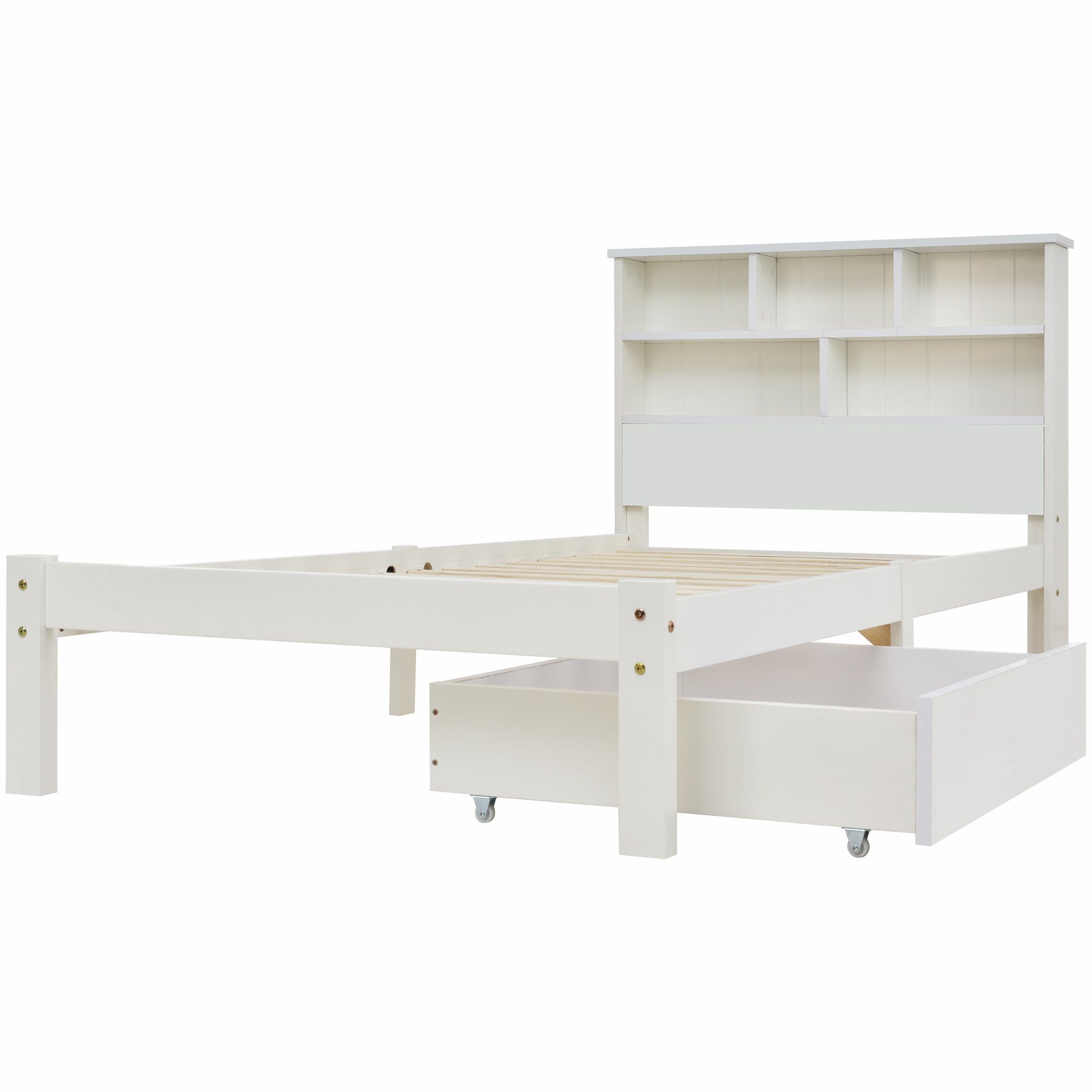 Ulife Massivholzbett Weiß Doppelbett /Einzelbett mit Schubladen und Bücherregal Kopfteil, 140 × 200cm
