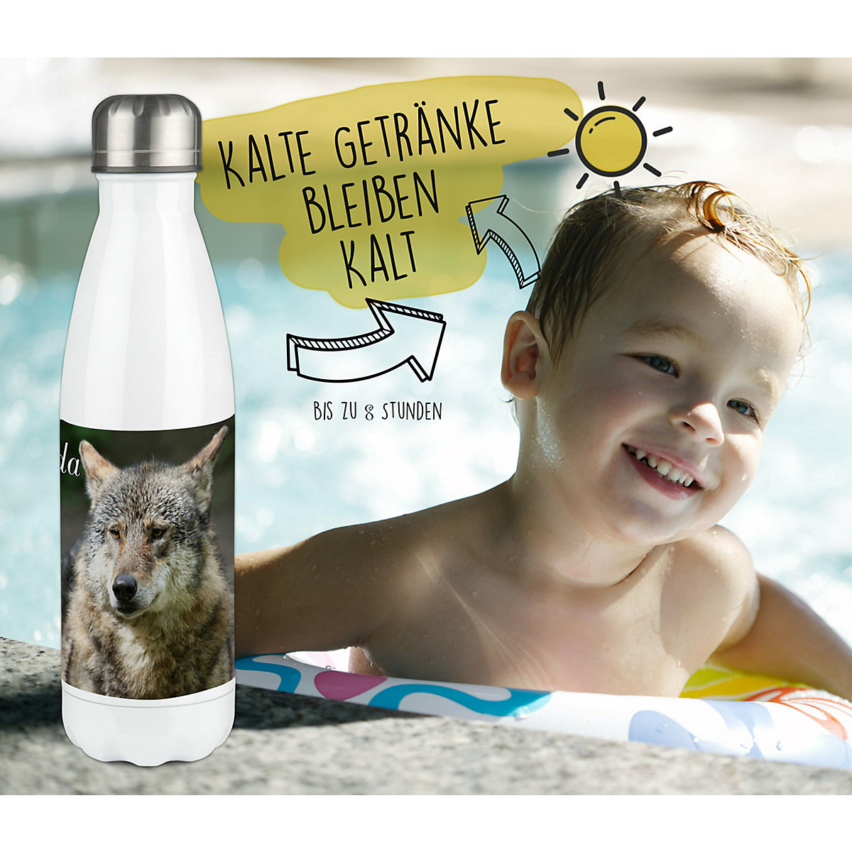 Edelstahl Kinder Thermoflasche / Trinkflasche bunt Wolf Spülmaschinenfest, Auslaufsicher, Bruchfest, Doppelwandig, Für Heißgetränke geeignet, Mit Deckel, Isoliert
