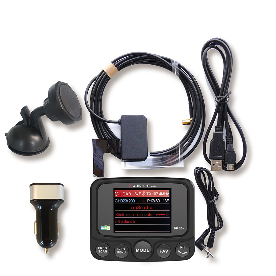 Albrecht DR 56+ Digitalradio Adapter mit DAB/DAB+, Bluetooth Musikwiedergabe/Freisprechfunktion, SD-Player, AUX-In/Out, USB-Ladefunktion, 2,4 Zoll TFT Farbdisplay und Saugnapfhalterung - ATU