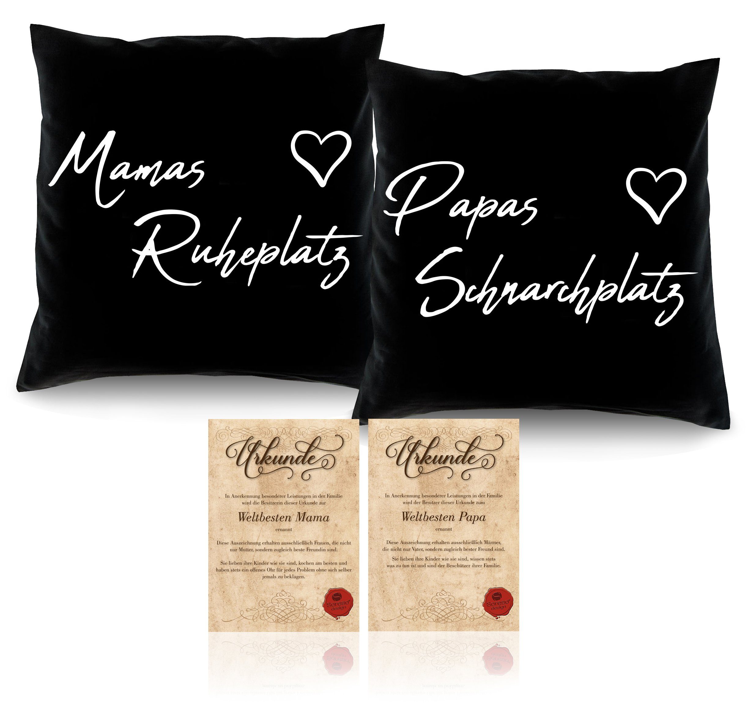 Soreso® Dekokissen Geschenk Set Mama Papa Weihnachten 2 Kissen Eltern Weihnachtsgeschenk, Geschenk-Set