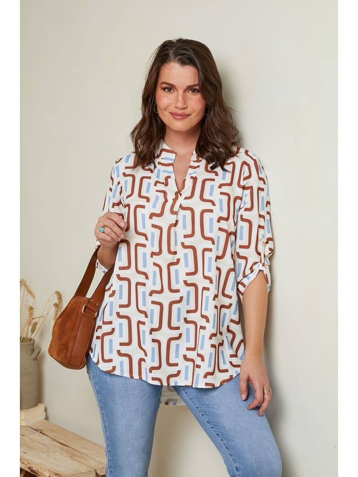 Curvy Lady Bluse in Weiß/ Braun/ Hellblau günstig kaufen