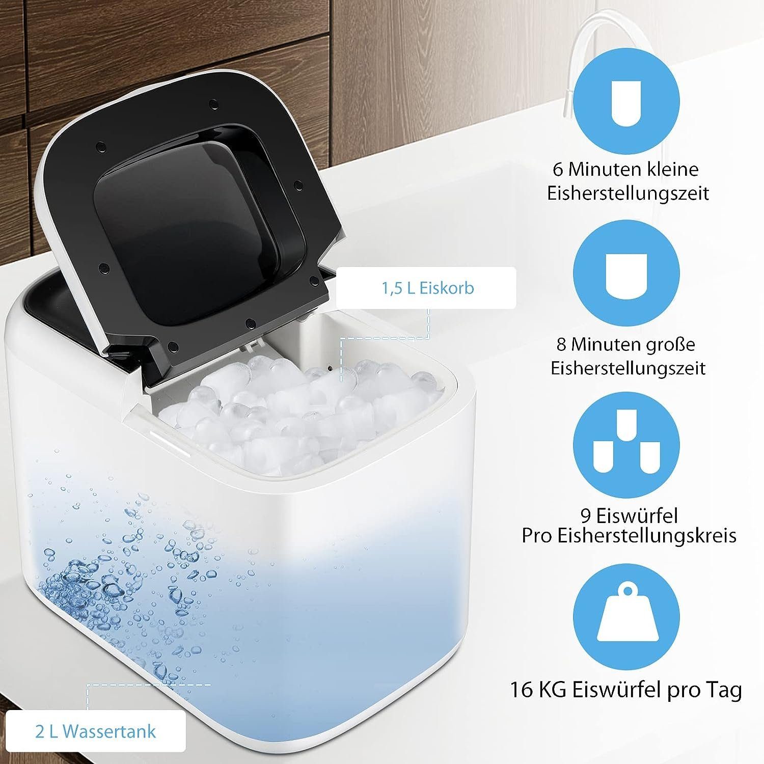 KOMFOTTEU Eiswürfelmaschine, 15 kg/24H, mit 2 Würfelgrößen, 2L Wassertank