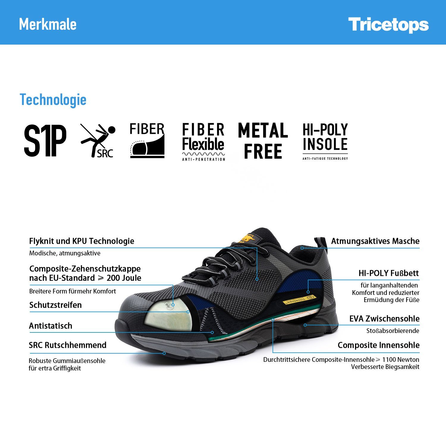 Tricetops CM232 Sicherheitsschuhe S1P Arbeitsschuhe Herren metallfreie Arbeitsschuh