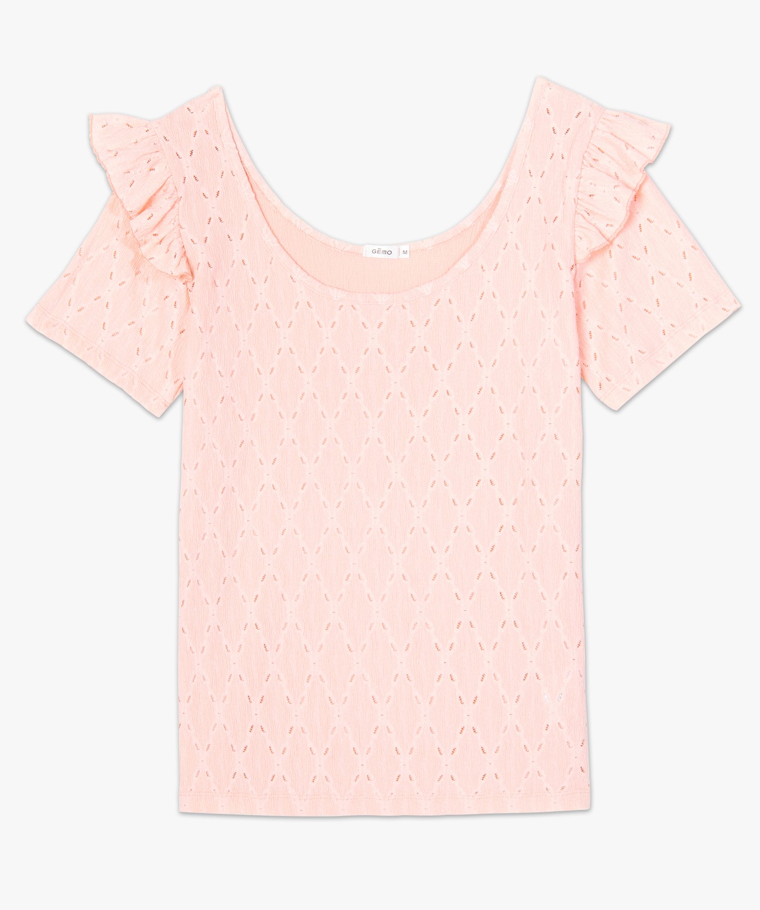 Tee-shirt femme en crêpe ajouré et volant rose | GEMO