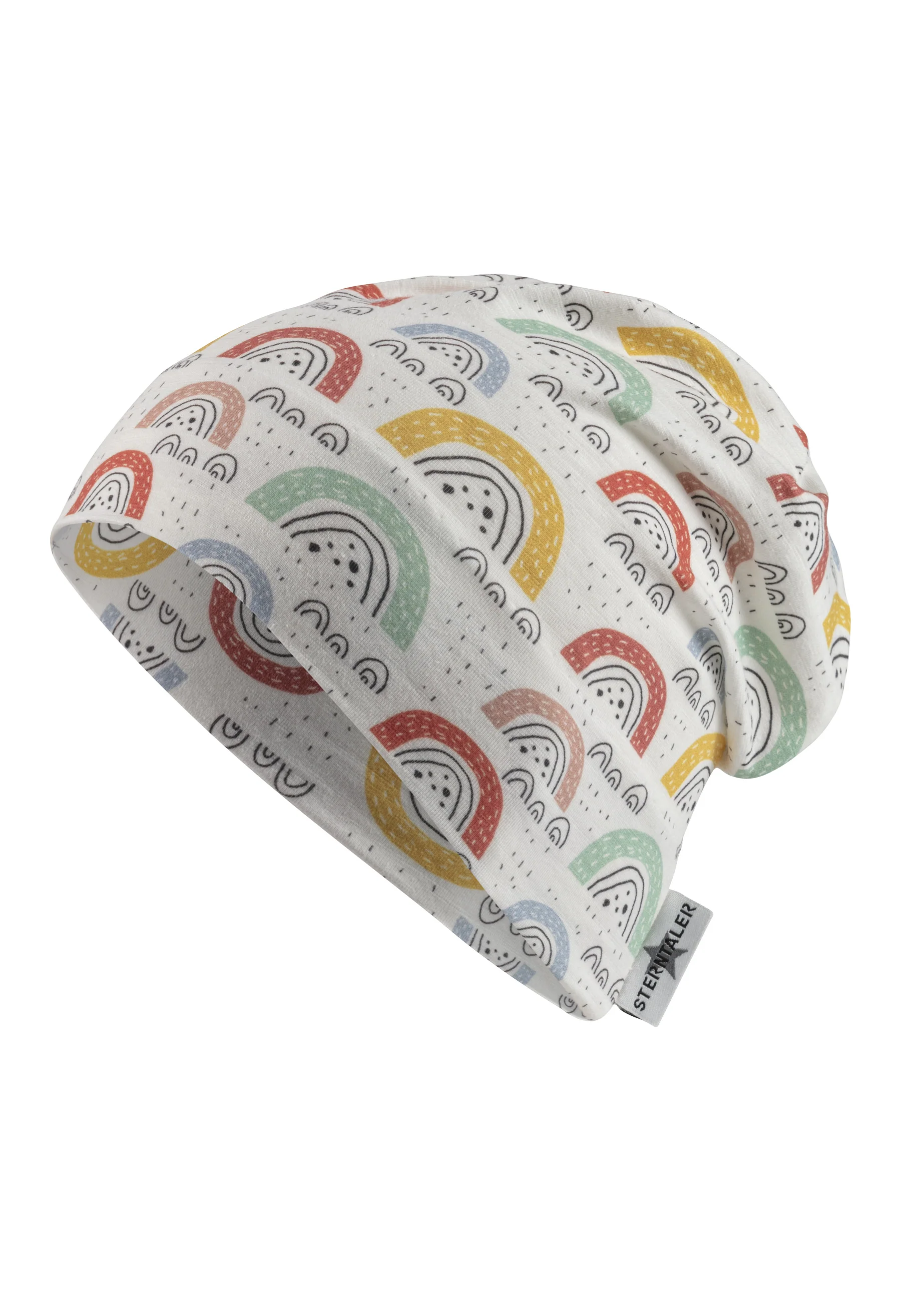 Beanie bedruckt mit bunten Regenbögen in ecru