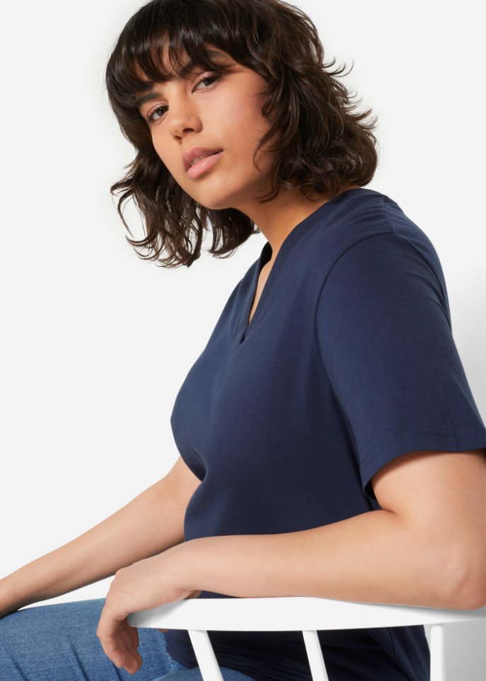 Weites Long-Shirt mit V-Ausschnitt, Kurzarm (5er Pack)