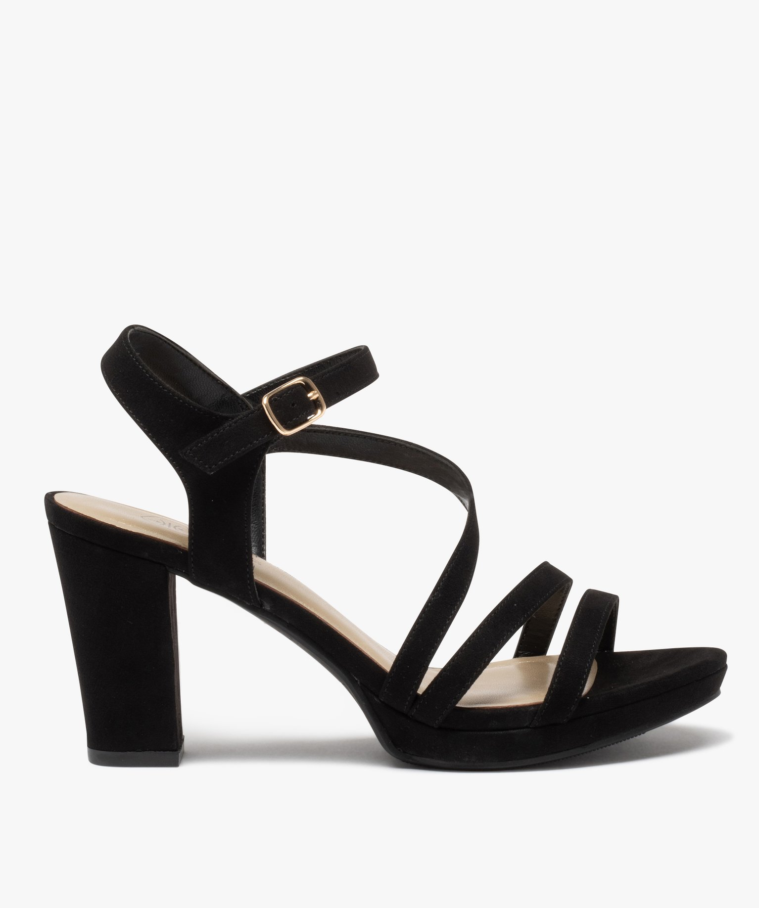 Sandales femme à talon haut en suédine avec brides noir | GEMO