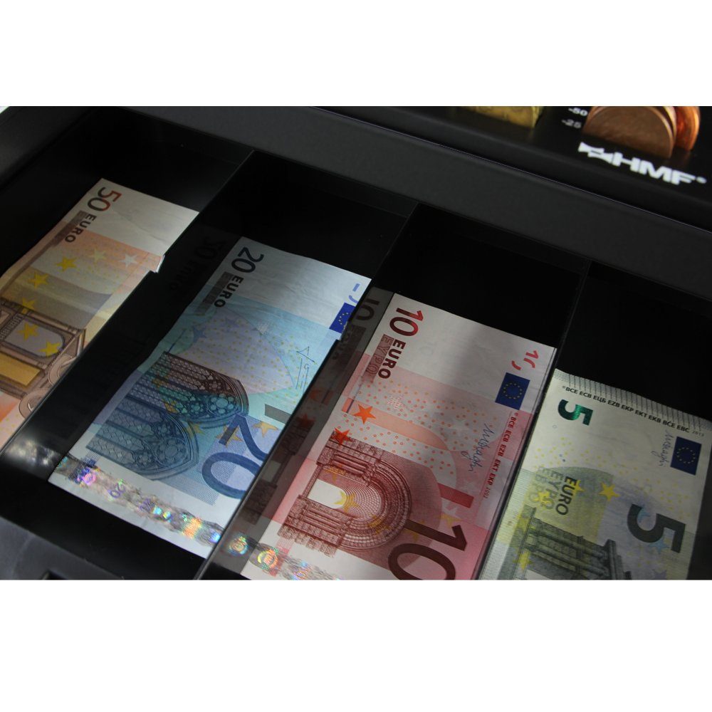 HMF Geldkassette abschließbare Bargeldkasse mit Münzzählbrett und Scheinfach, hochwertige Geldbox mit Schlüssel, 30x24x9cm