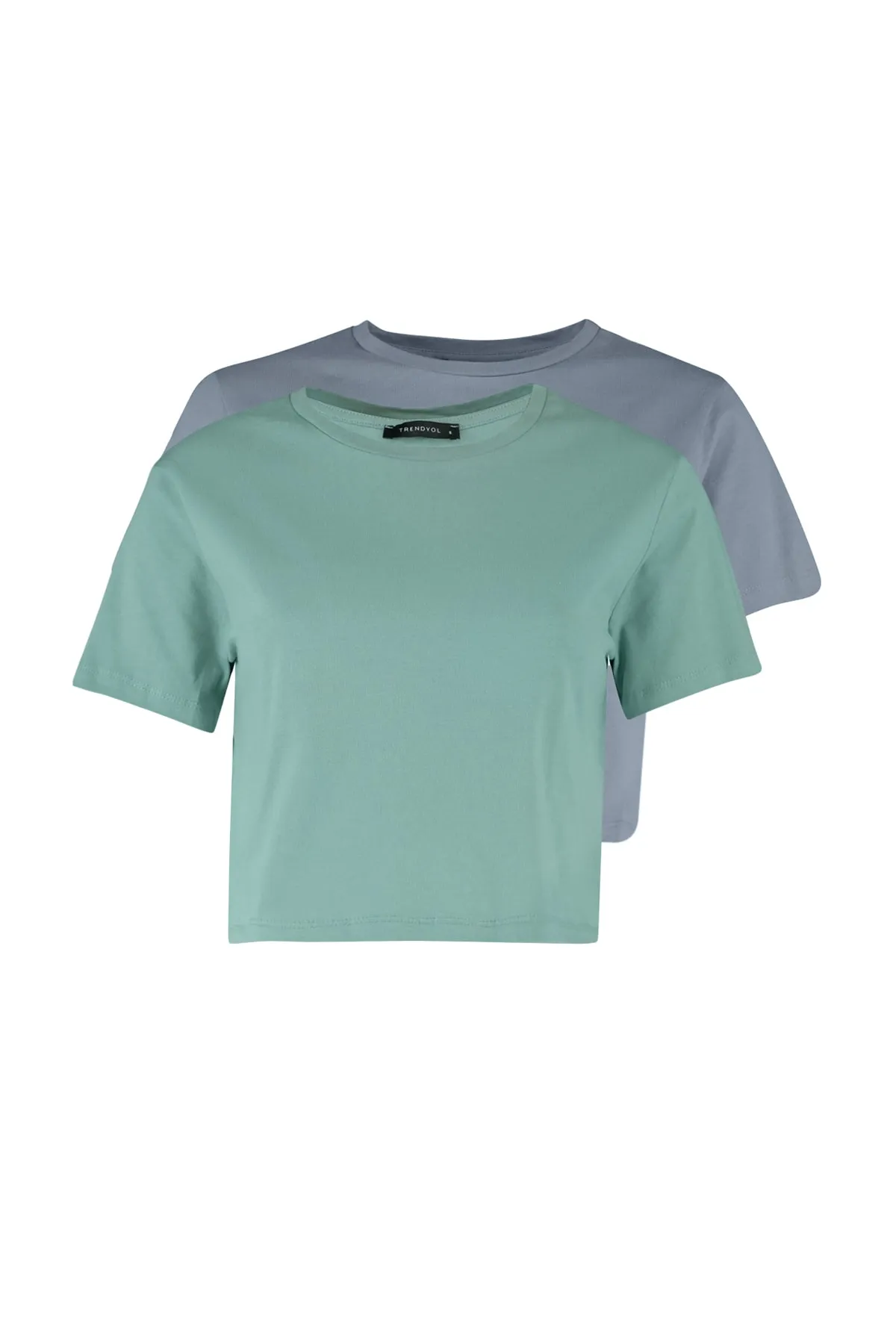Trendyol Collection  Grau-Mint, 2er-Pack kurze Strick-T-Shirts aus 100 % Baumwolle mit Rundhalsausschnitt TWOSS20TS1480