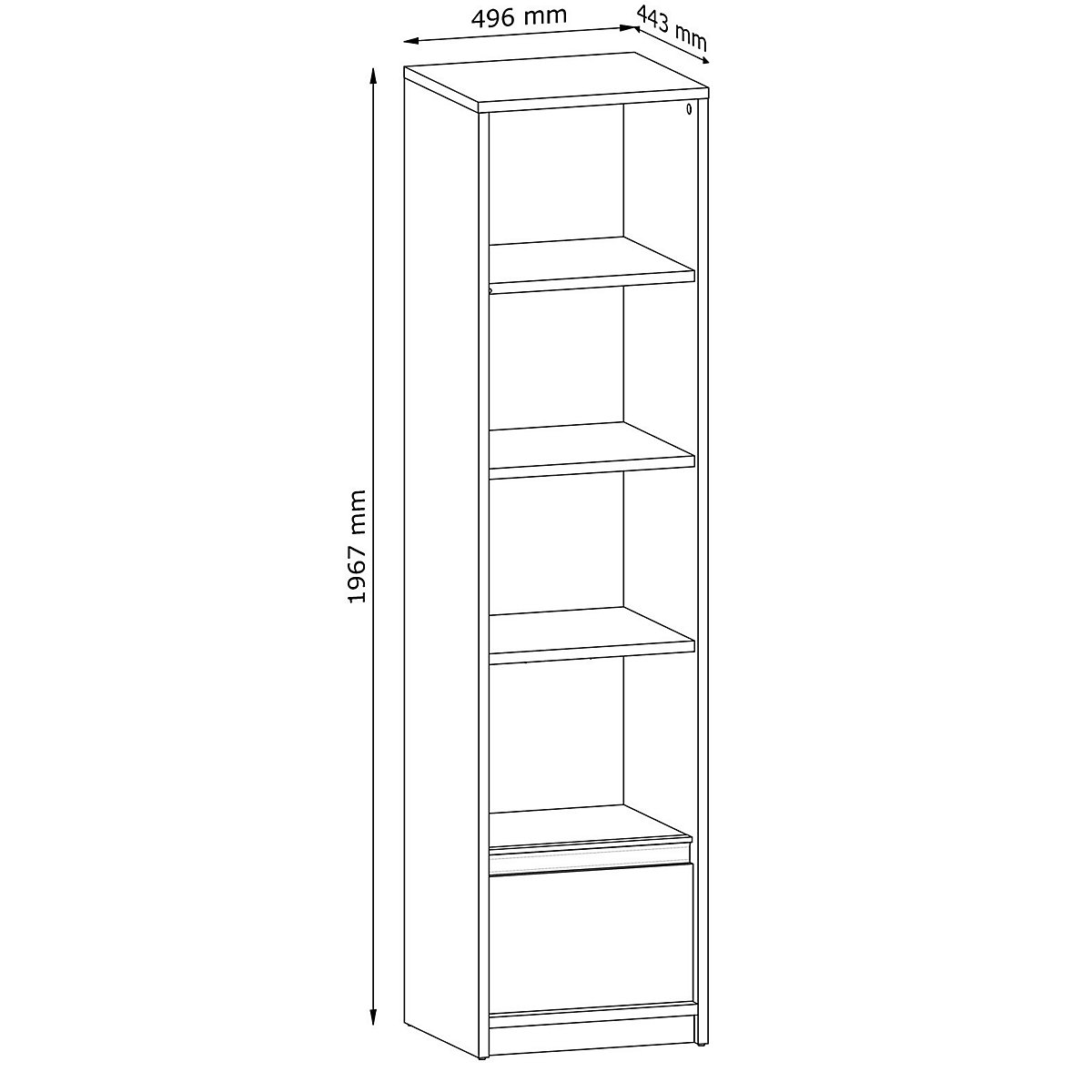 Bücherregal Mati Standregal 49cm grifflos mit 3 Einlegeböden und 1 Schublade