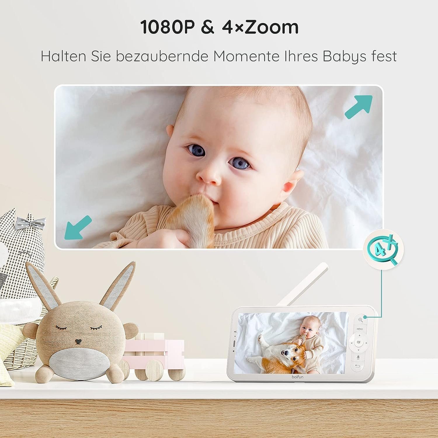 Boifun Babyphone 5 Zoll LCD-Display Babyfon Babyphone mit Kamera App, Automatisches AI-Tracking, Zonenalarme,SD-Karte & Cloud-Speicher,Automatische Verfolgung, 1080P PT 350°/55°,Bewegungs/Geräuscherkennung,Aufnghme & Screenshot, 4×Zoom Bewegungs/Gerä