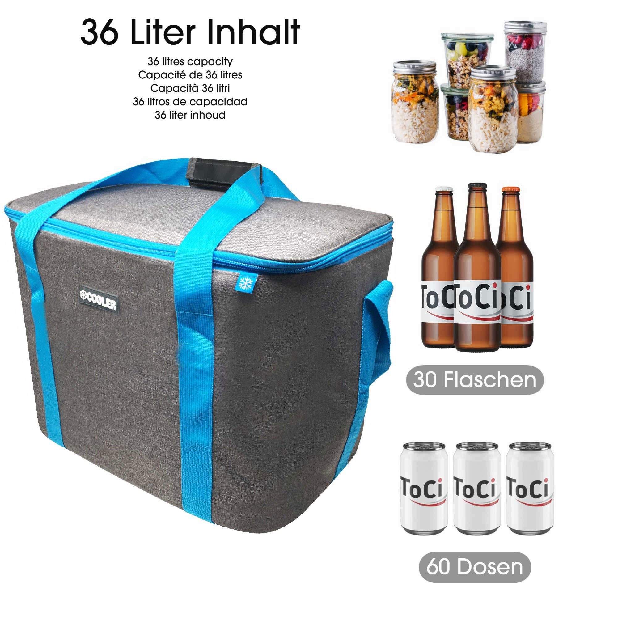 ToCi Kühltasche 36 Liter große Kühltasche Kühlbox Thermotasche Camping Dunkel-Grau