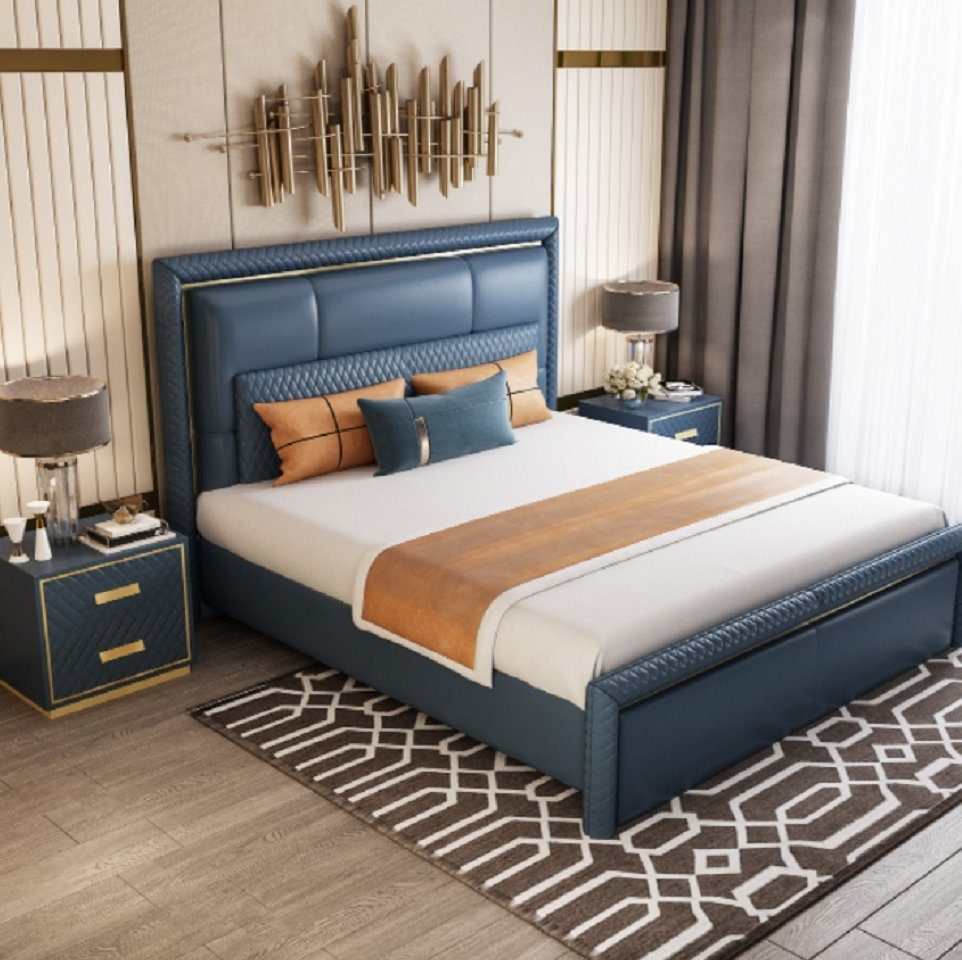 JVmoebel Bett Blaues Schlafzimmer Bett Designer Doppelbetten Kunstlederbetten (1-tlg., Nur Bett), Made in Europa