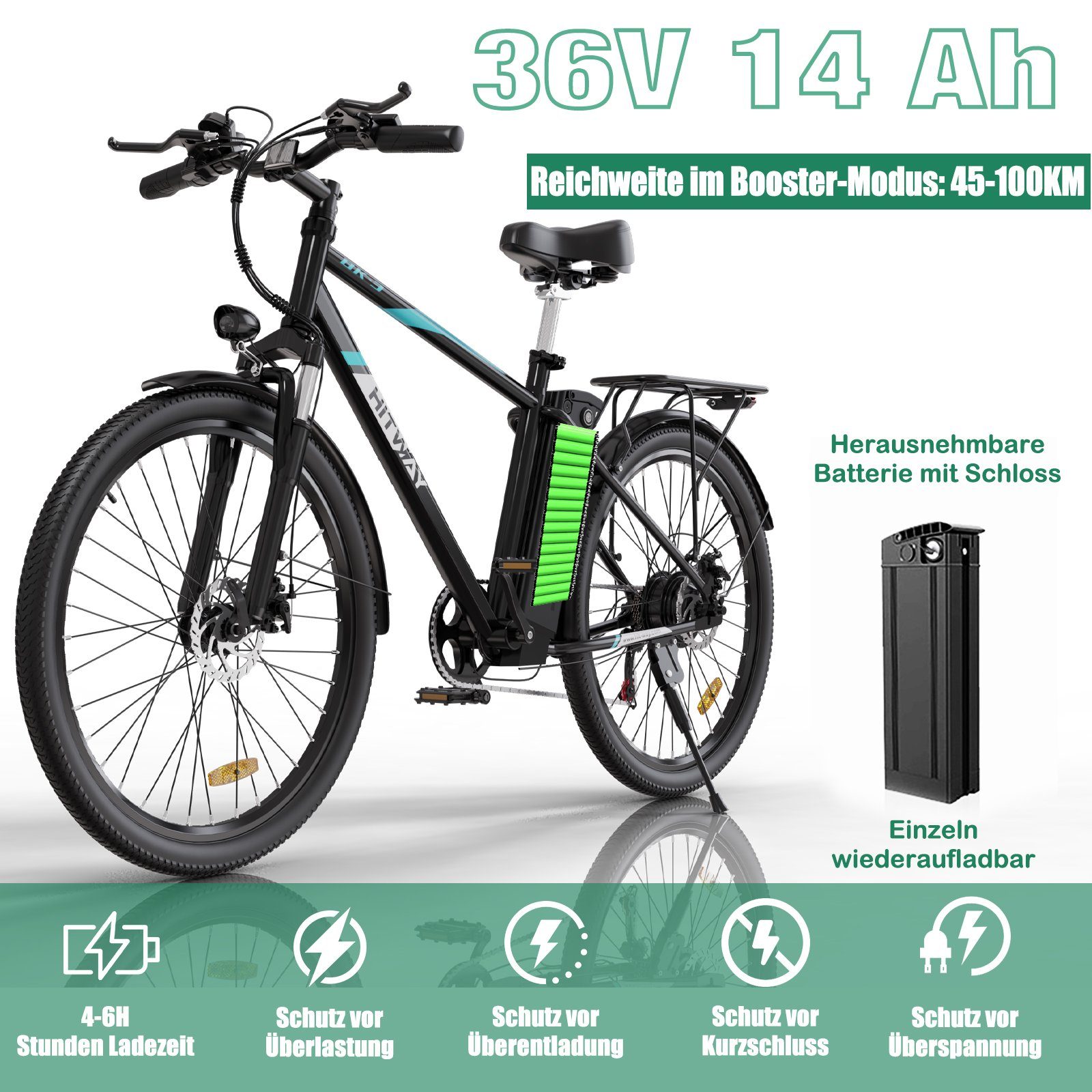 HITWAY E-Bike, 7 Gang, Heckmotor, 26 Zoll Elektrofahrrad MTB Cityräder Mountainbike StVZO