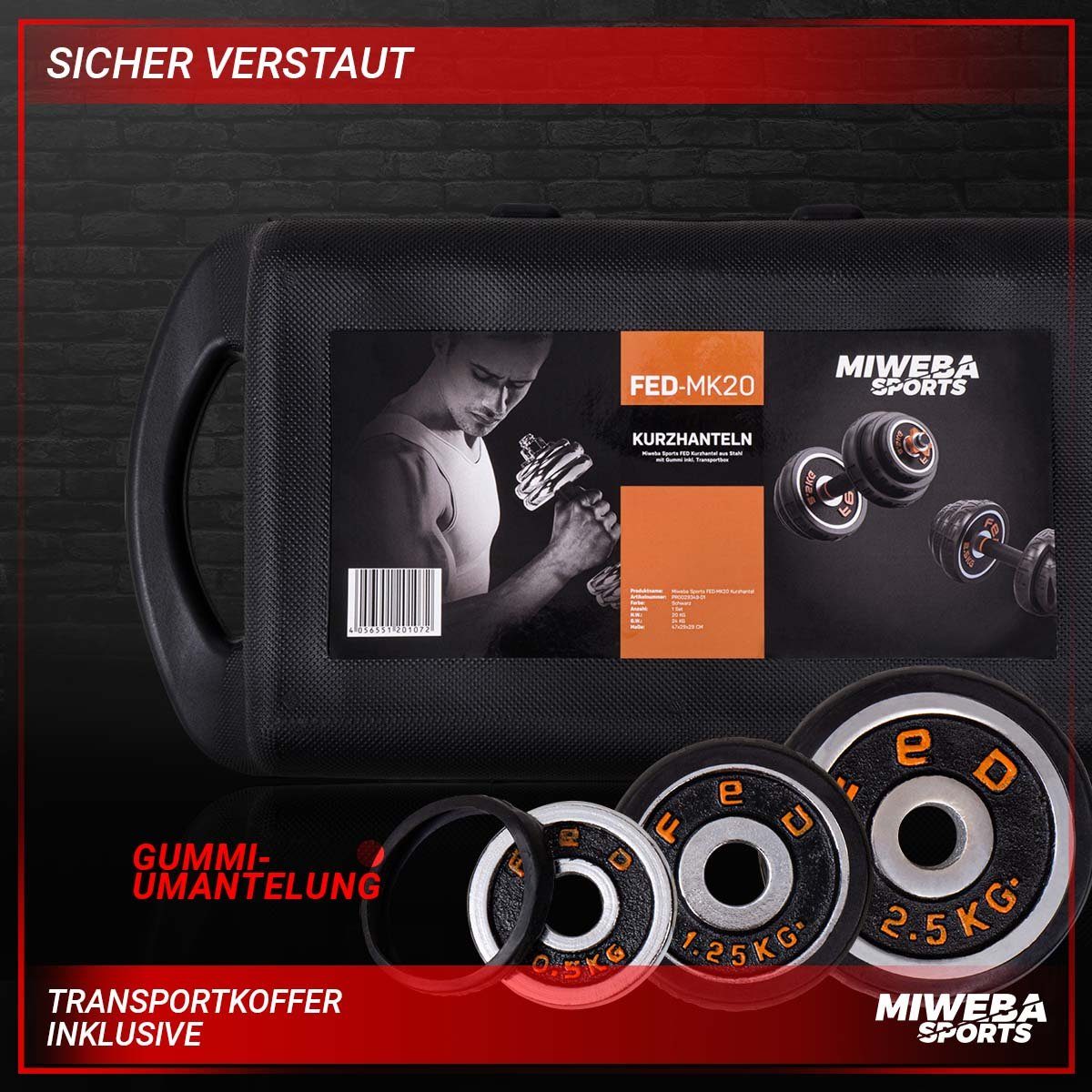 Miweba Sports Hantel-Set Premium FED 4in1 Hantel Set inkl. Transportkoffer - 20/30 kg, (Hantelstangen, Gewichte, Verbindungstück, Sternverschlüsse, Gummibezüge, Trainingshandschuhe, Stahl, kreuzgerändelter Griff, rutschfest, Multifunktionshantel, sch