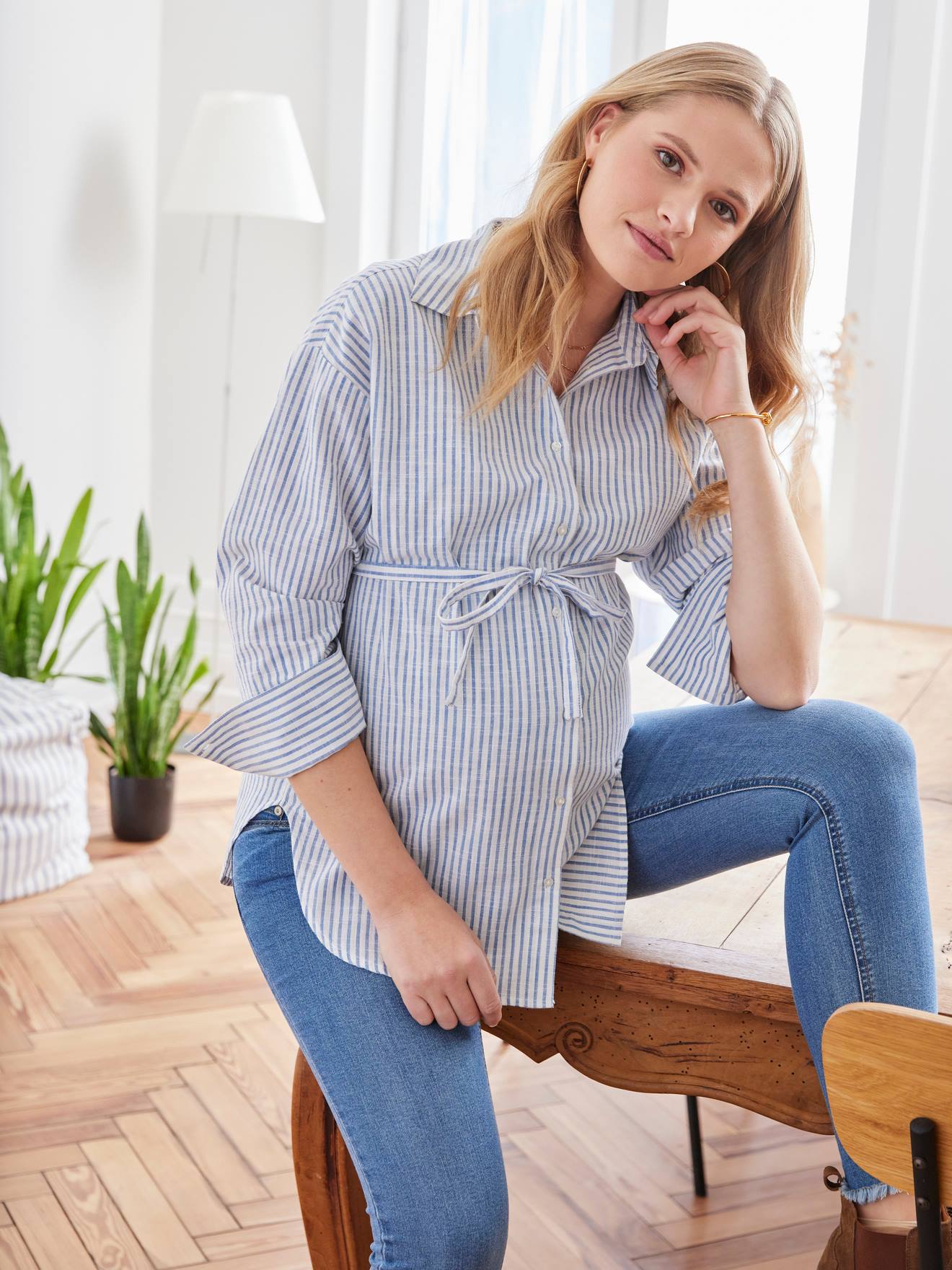 Chemise liquette grossesse et allaitement en coton effet lin rayé bleu