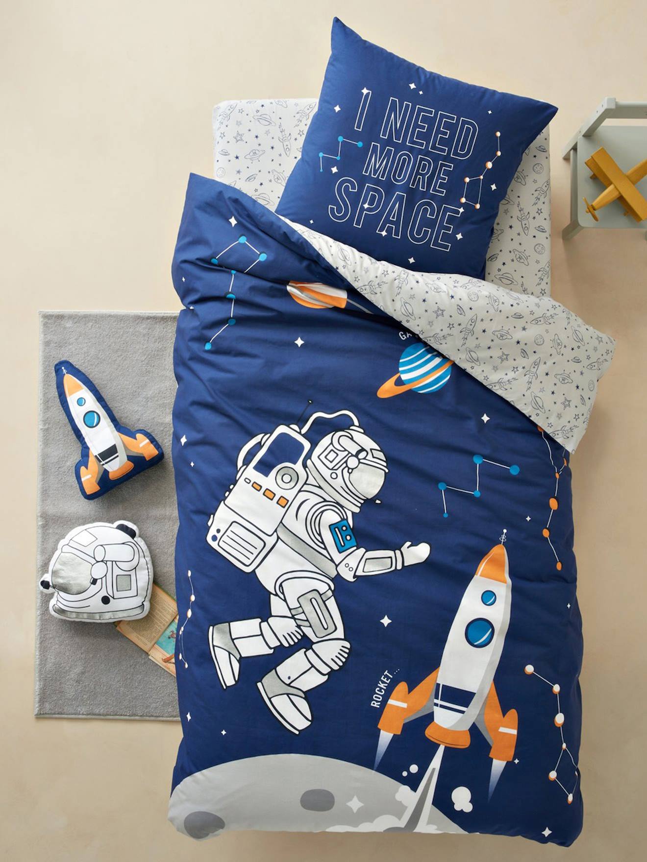 Vertbaudet Kinder Spannbettlaken INTERGALACTIC Oeko Tex - hellgrau bedruckt