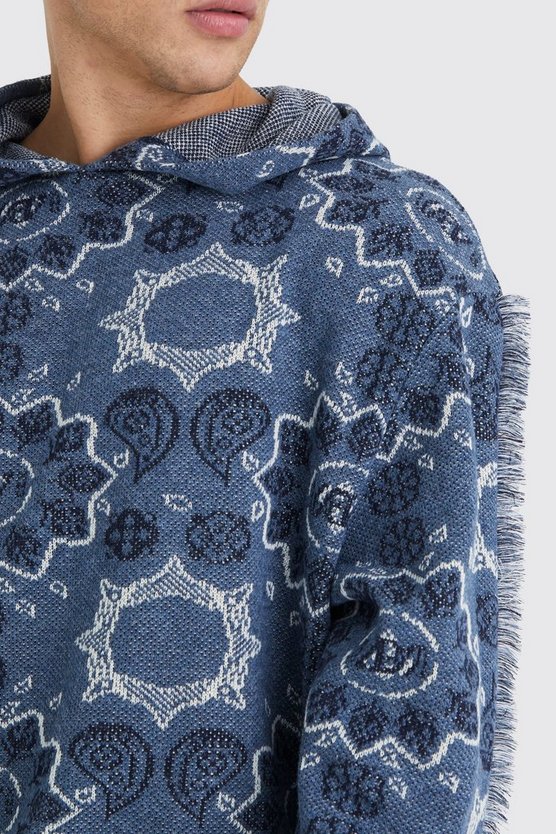 Oversize Jacquard Hoodie mit Fransen