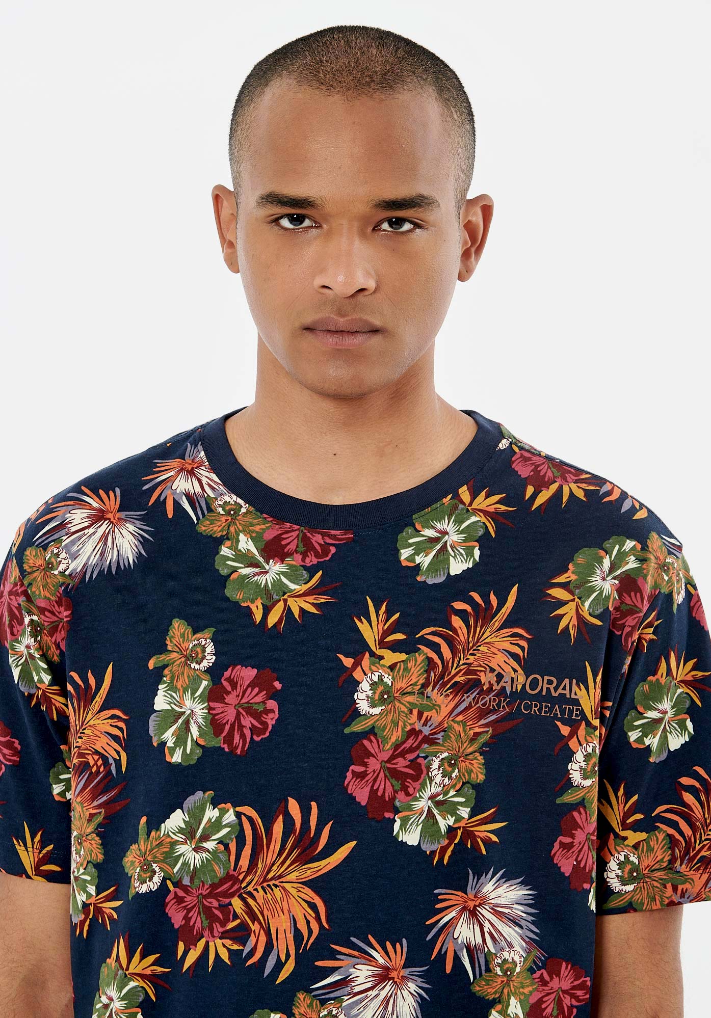 THIVU  T-shirt bleu marine fleuri homme 100% coton