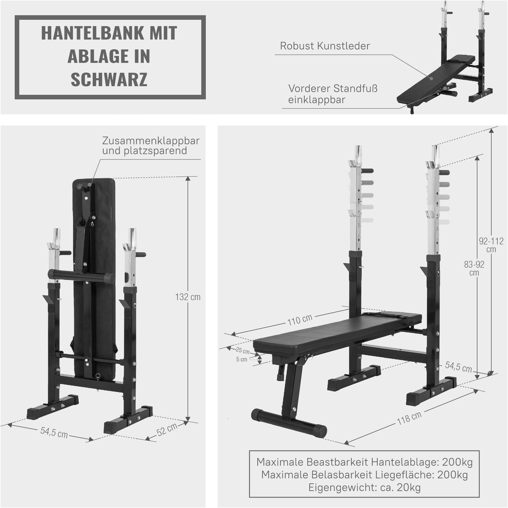 GORILLA SPORTS Hantelbank Langhantelset 100 kg, mit Ablage und Dip-Station, Klappbar