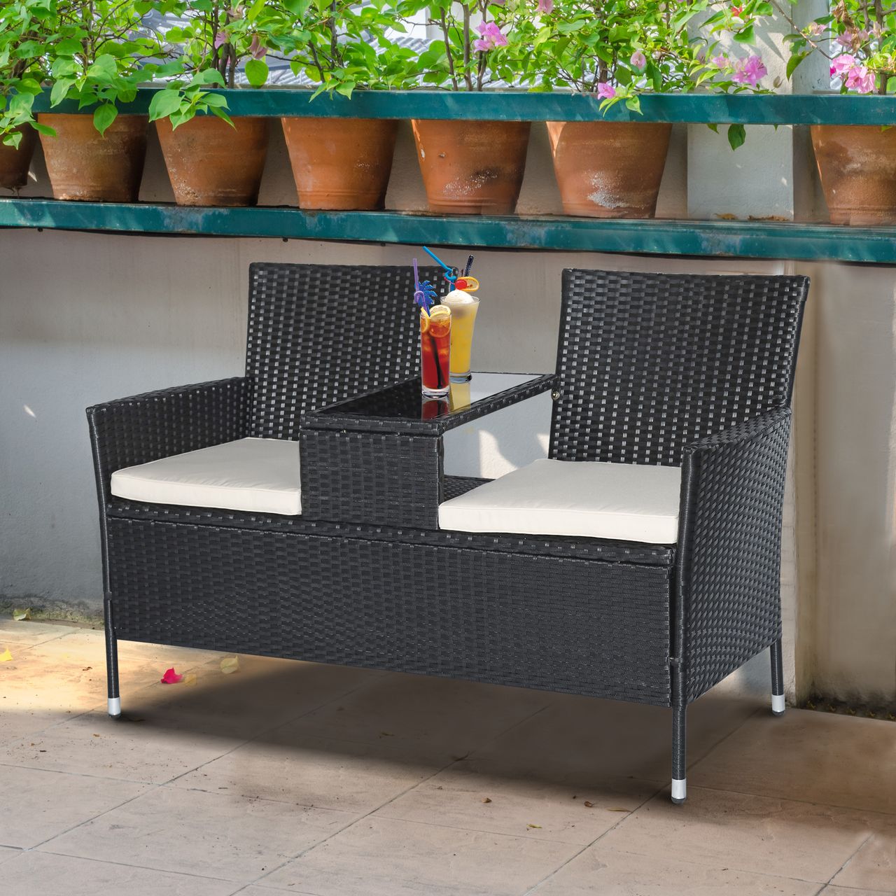 Outsunny Polyrattan Gartenbank Gartensofa Sitzbank mit Tisch 2-Sitzer Stahl Schwarz B133 x T63 x H84cm