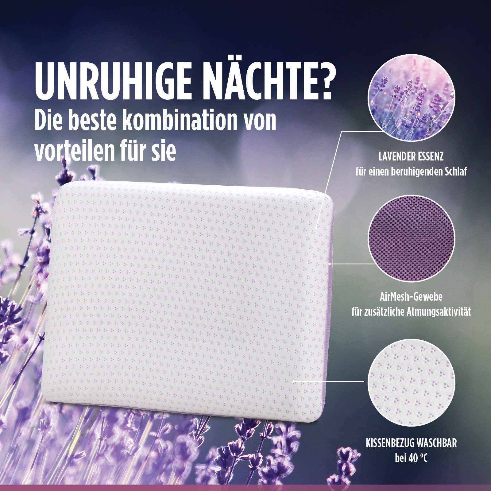 Gänsefederkopfkissen Komfortable Lavendel Memory Classic Kissen – hochwertiger OEKO-TEX, Vitapur