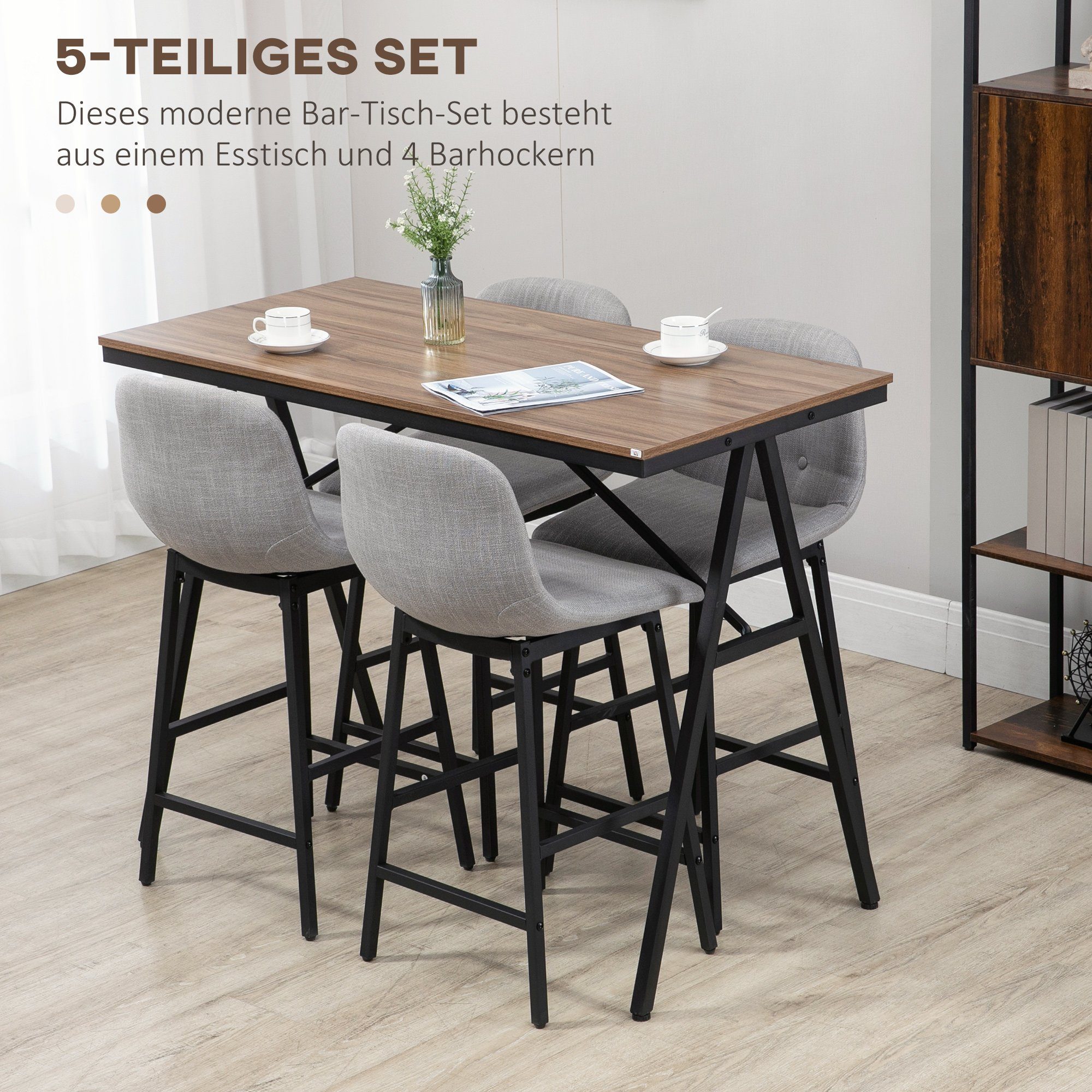 HOMCOM Bargruppe Bartisch mit Barhockern im Industrie-Design, Knopfheftung, (Set, 5-tlg., 1 x Tisch; 4 x Hocker), Tisch mit 4 Stühlen
