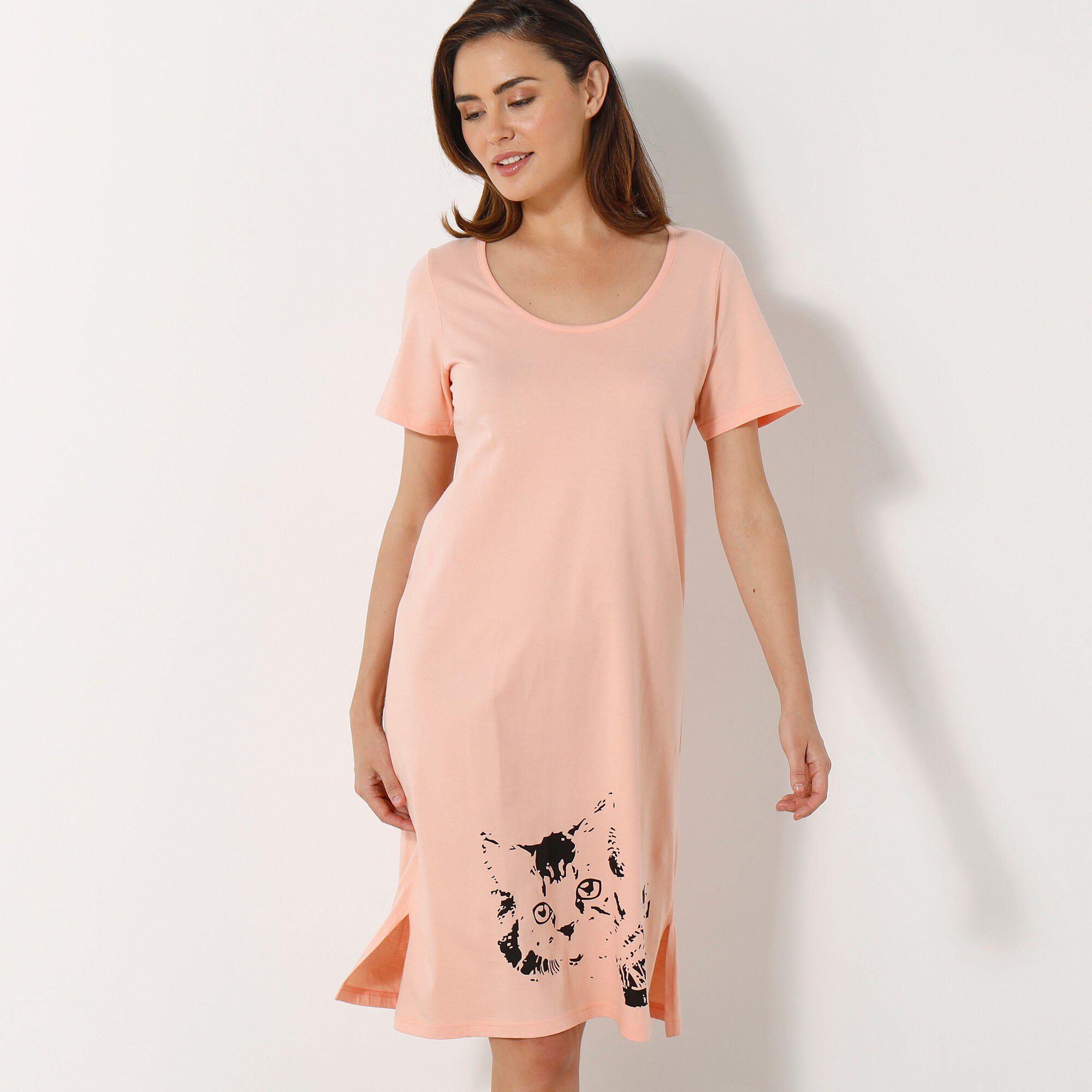 Chemise de nuit courte imprimé chat