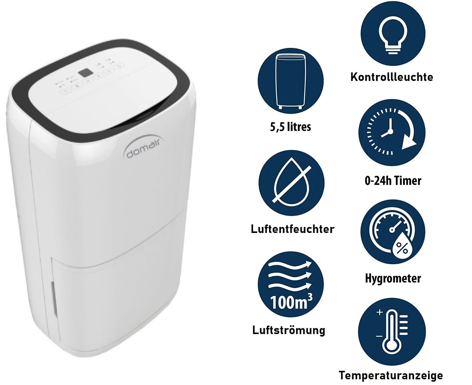 JUNG Luftentfeuchter DOMAIR XL Luftentfeuchter elektrisch 240W, Raumentfeuchter leise, für 300 m³ Räume, Entfeuchtung 16,00 l/Tag, Tank 5,50 l, Entfeuchter Wohnung - Schlafzimmer, Wohnzimmer, Timer, bis 16 L / Tag