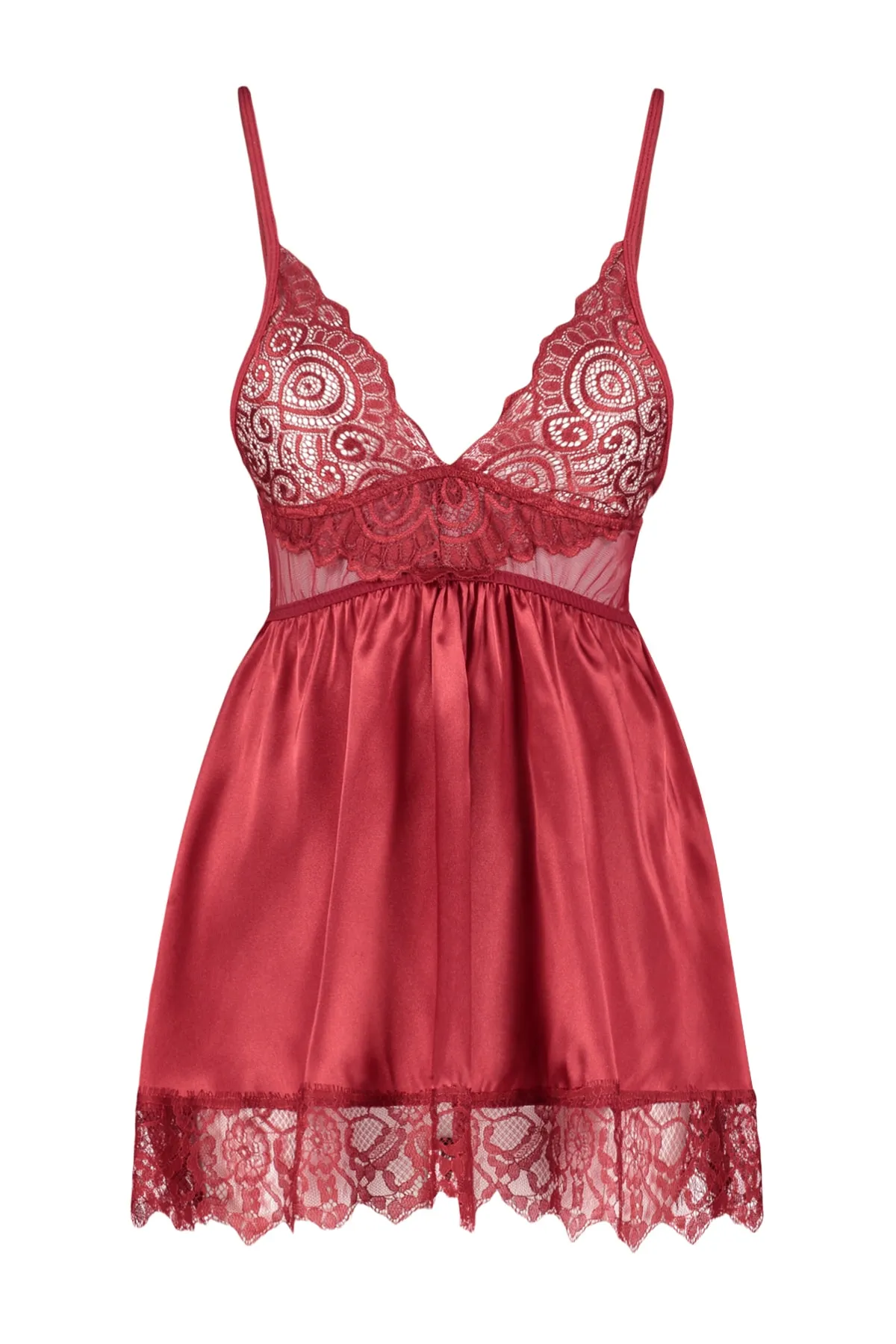 Trendyol Collection  Burgunderrotes Babydoll aus Satin mit Spitzendetail und Seilriemen THMSS22LL0001