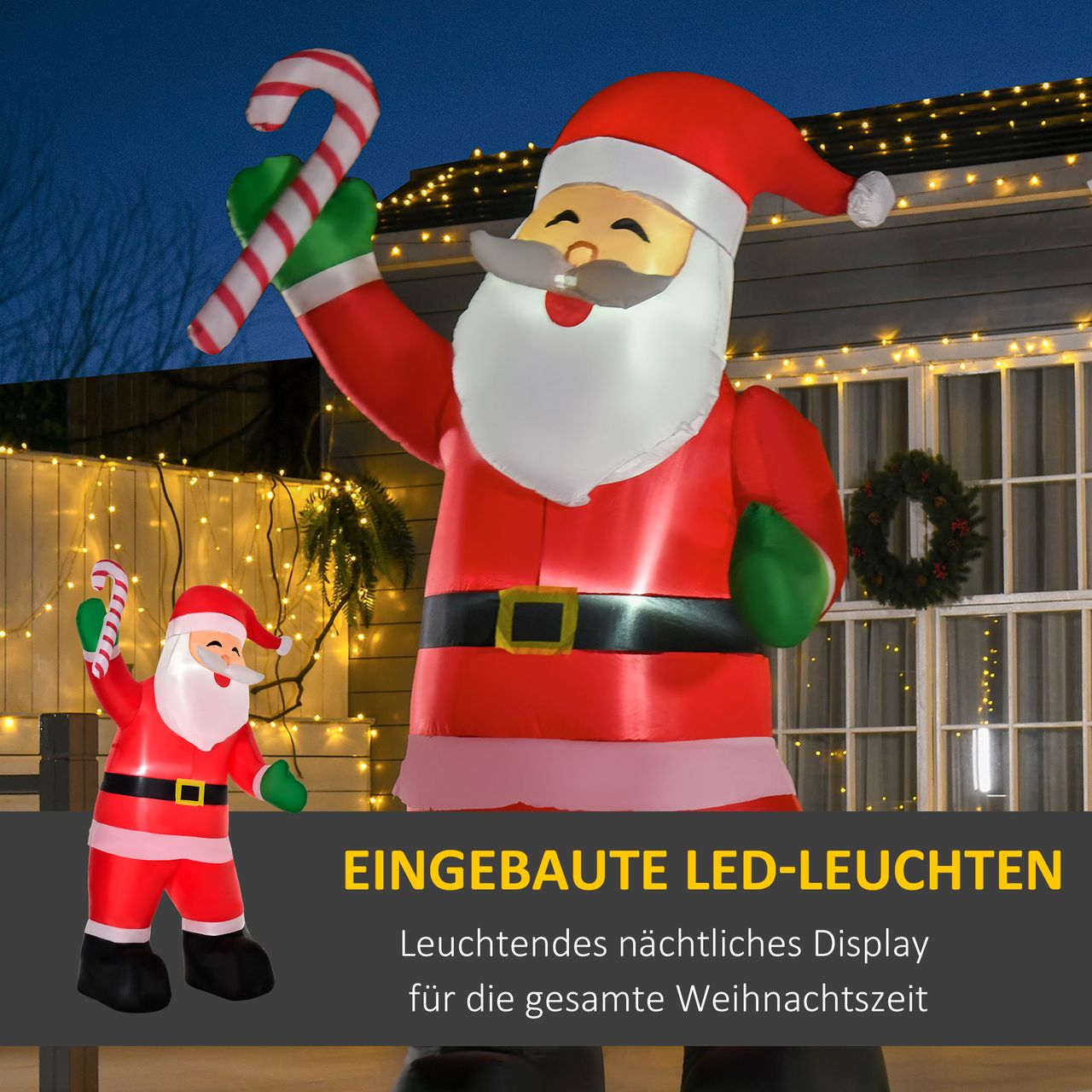 HOMCOM Aufblasbarer Weihnachtsmann mit Zuckerstange 243 cm LED mit Gebläse Weihnachts-Party Weihnachtsdekoration Weiß Rot Grün 160 x 85 x 243 cm