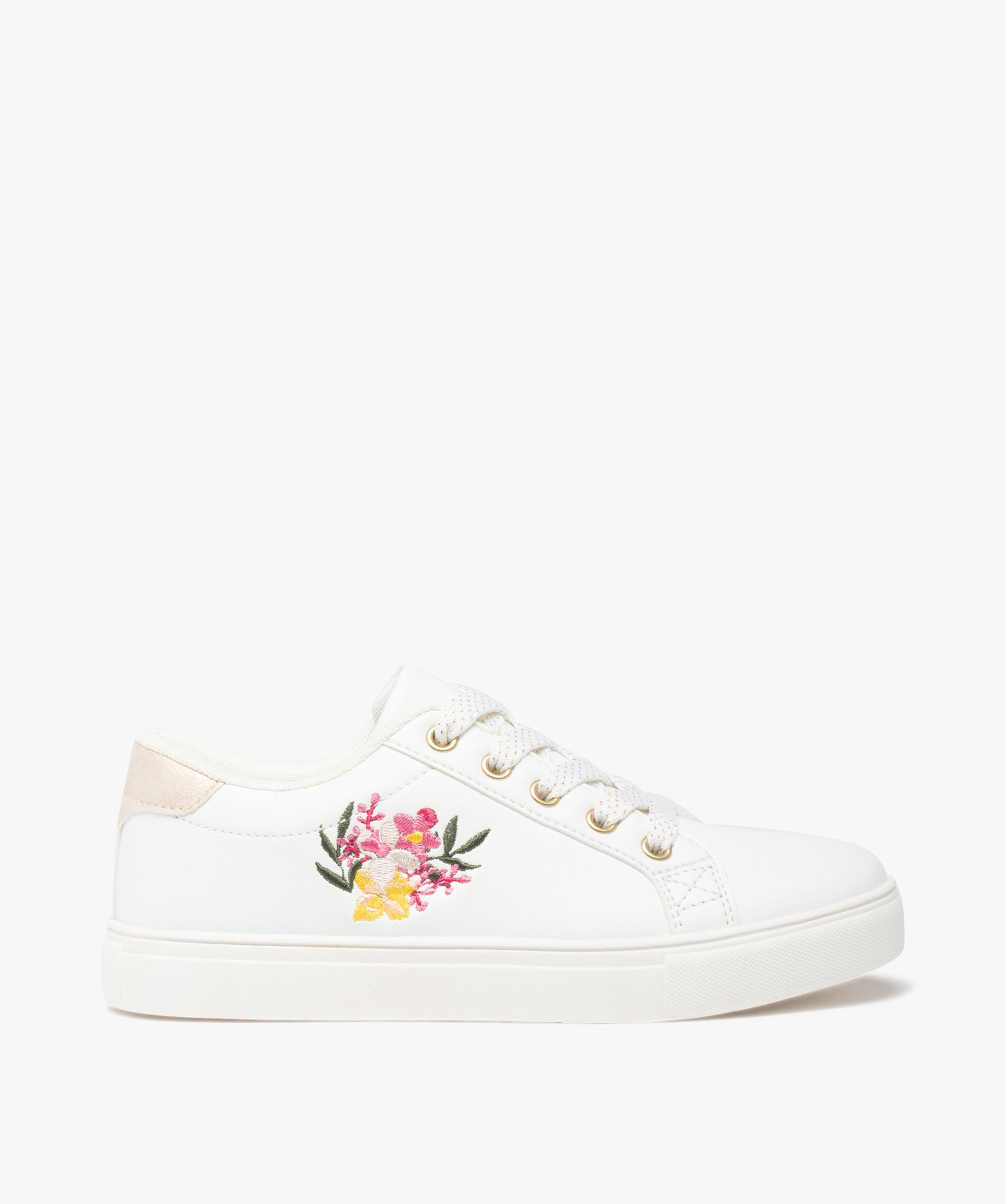 Baskets fille unies brodées fleurs sur le cté blanc | GEMO