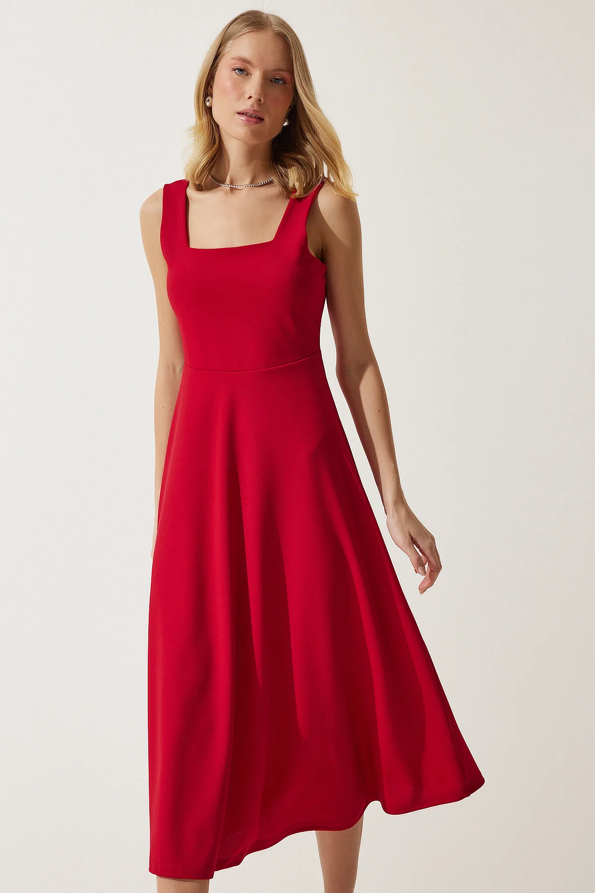 Happiness İstanbul  Rotes A-Linien-Kleid mit quadratischem Kragen für Damen DK00169