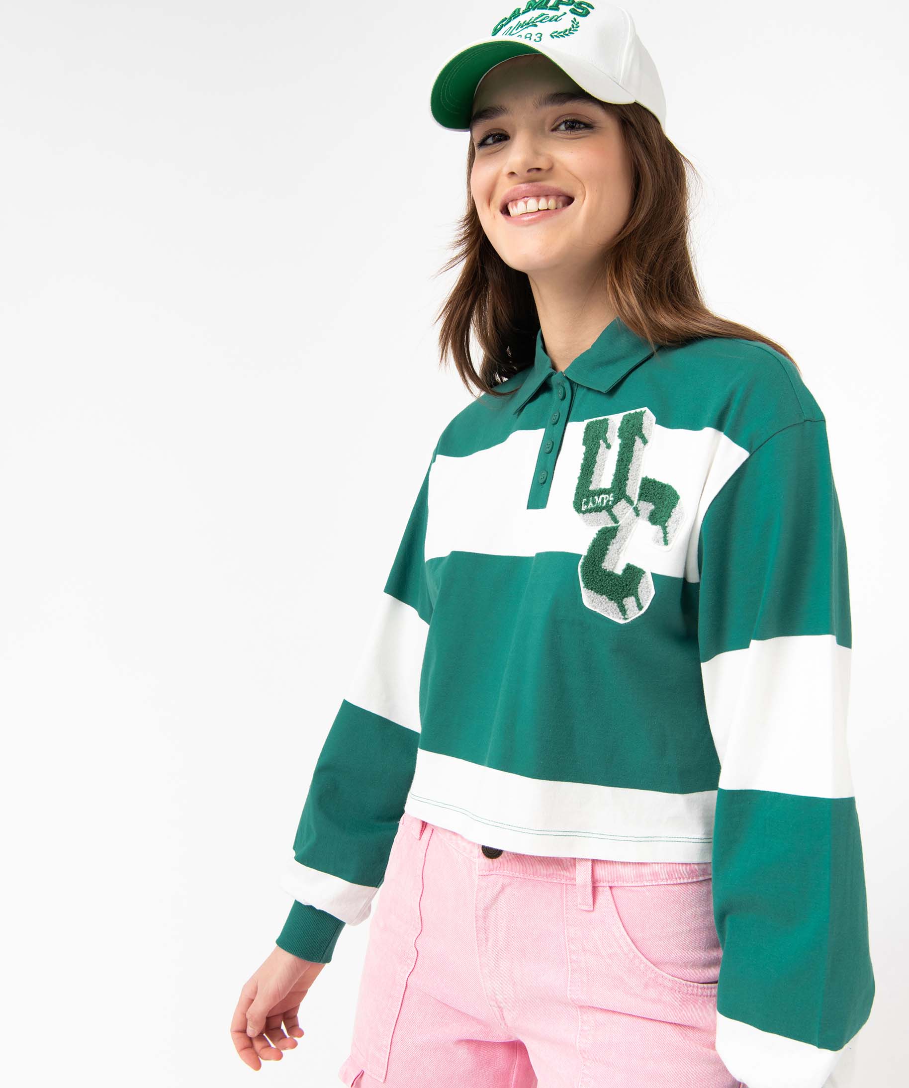 Tee-shirt femme à manches longues avec col polo - Camps United vert | GEMO