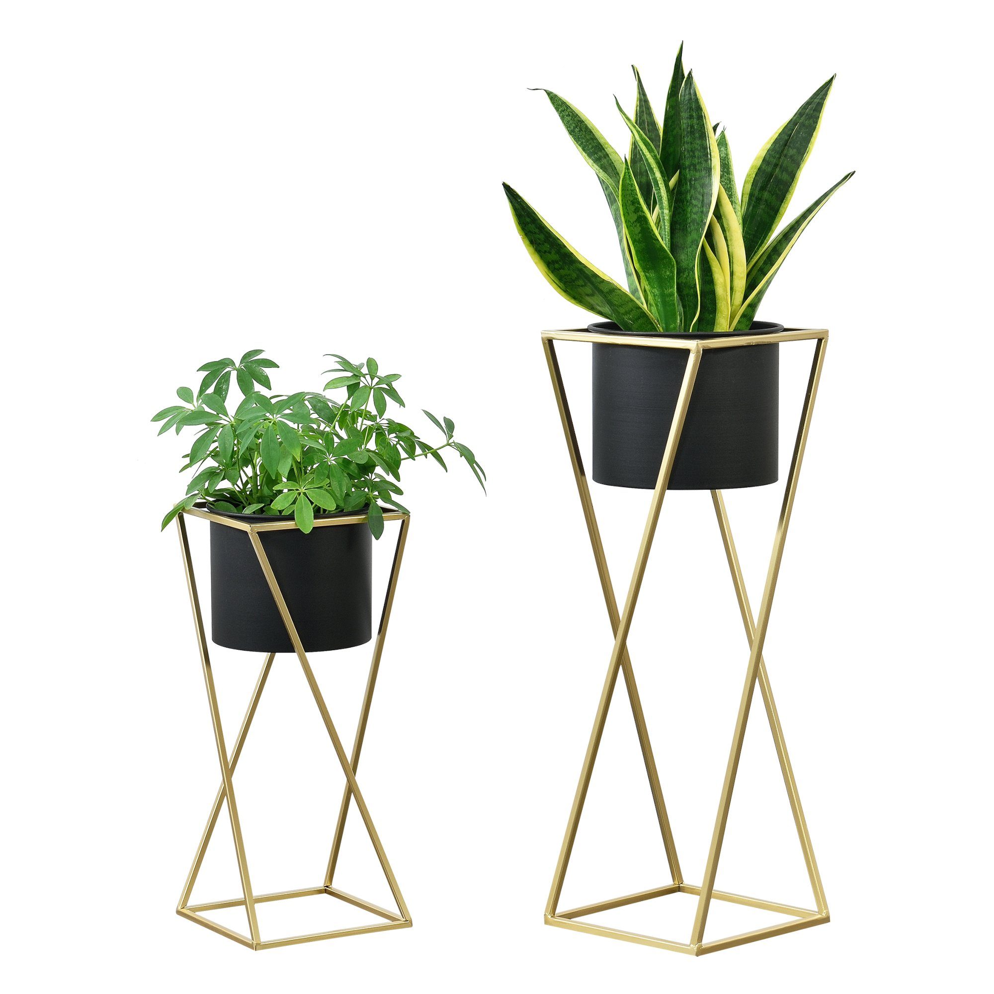 en.casa Blumenständer (Set, 2er), Mons Blumenkübel Pflanzenständer Pflanztopf Metall gold/schwarz