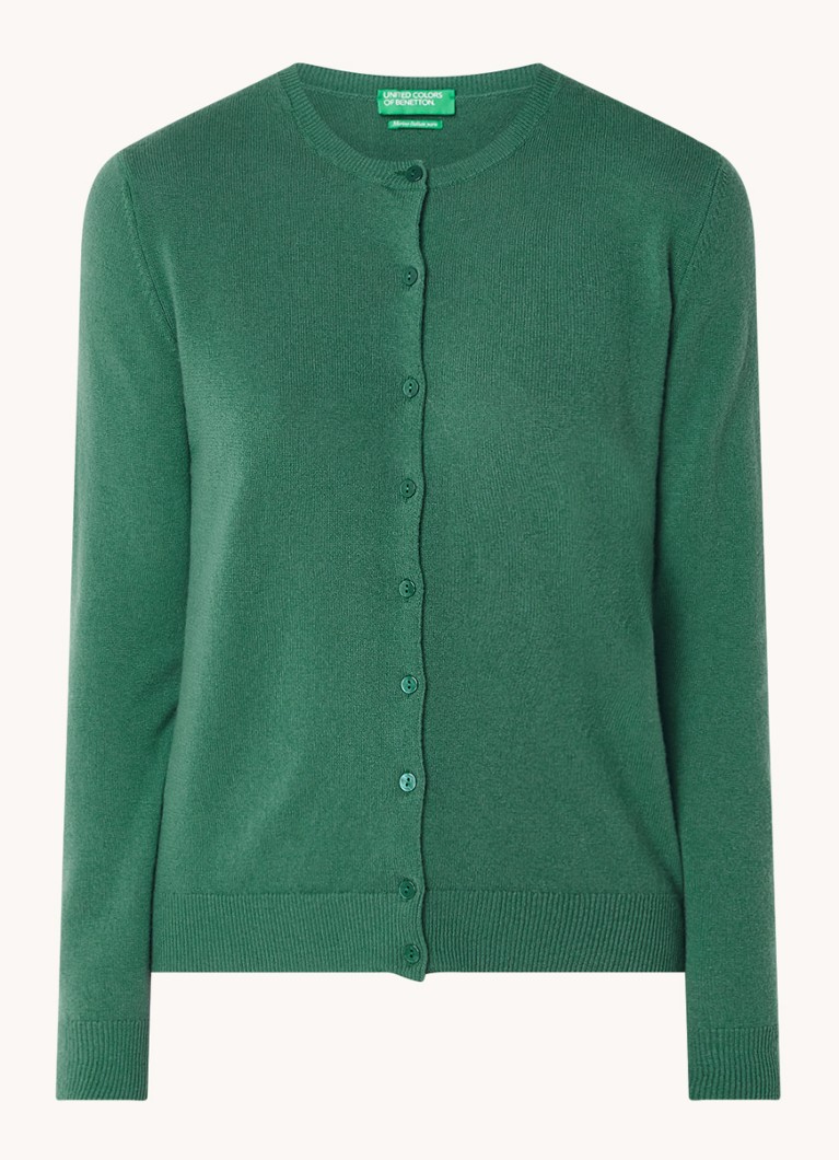 Cardigan Benetton cu guler rotund, confecționat din lână fină.