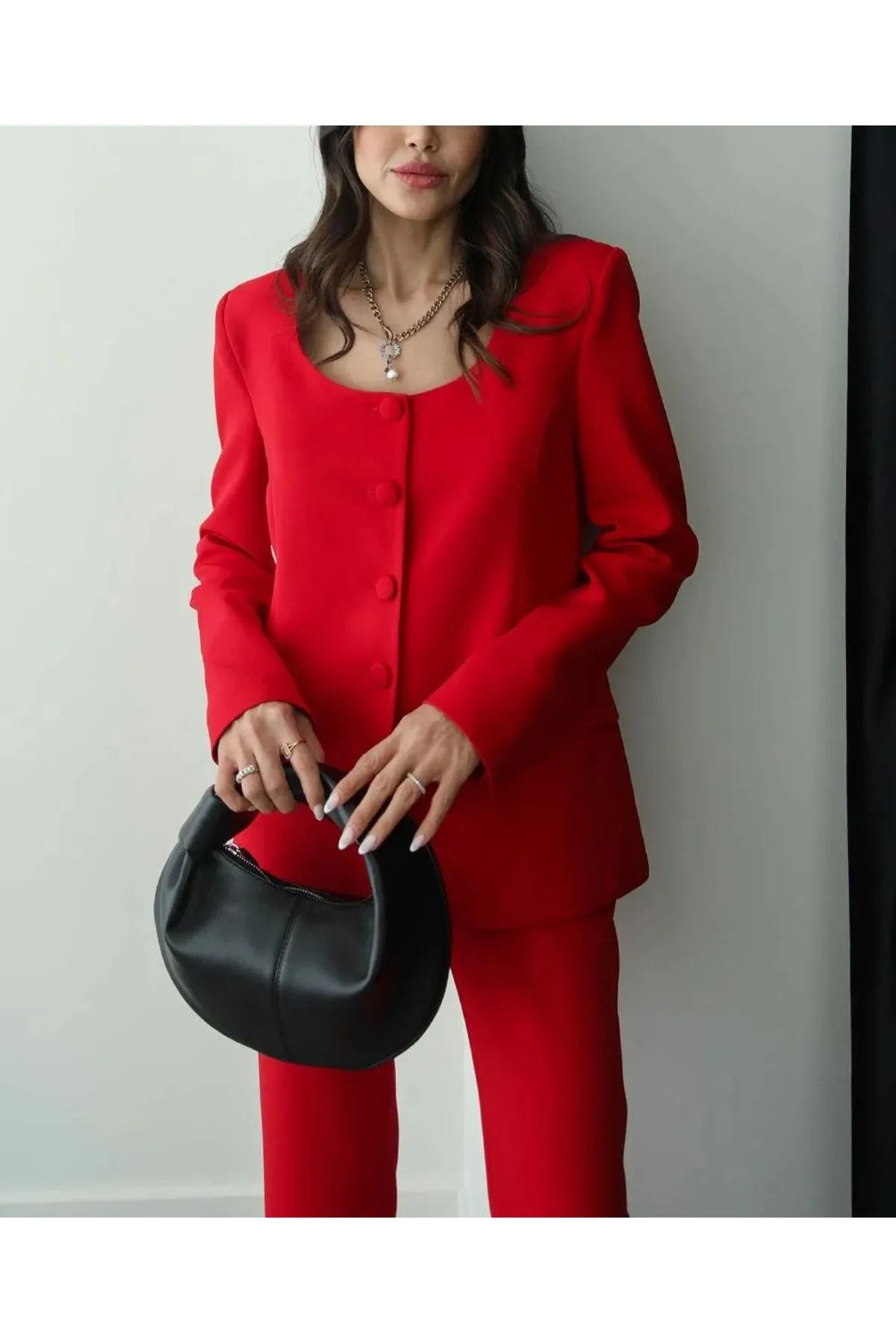 My Blog  Rotes Premium-Jacken-Hose-Set mit rundem Kragen