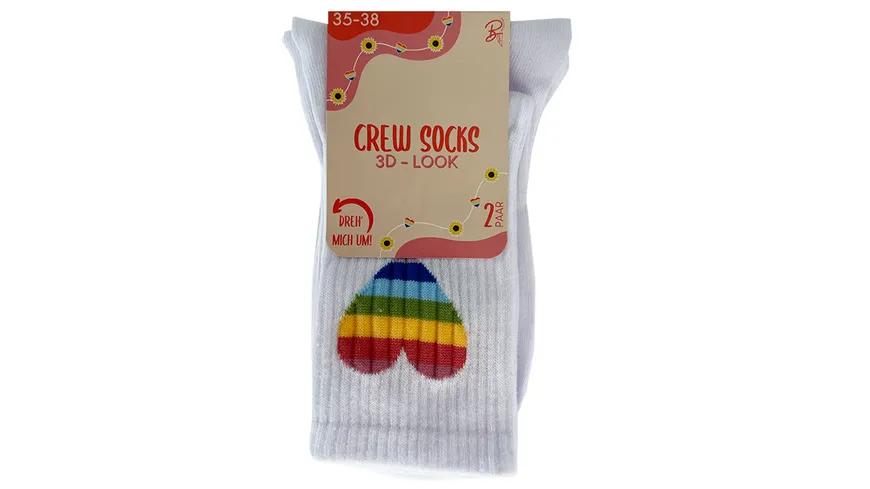 Damen Socken Crew Socks 2er-Pack mit 3D-Motiv weiß