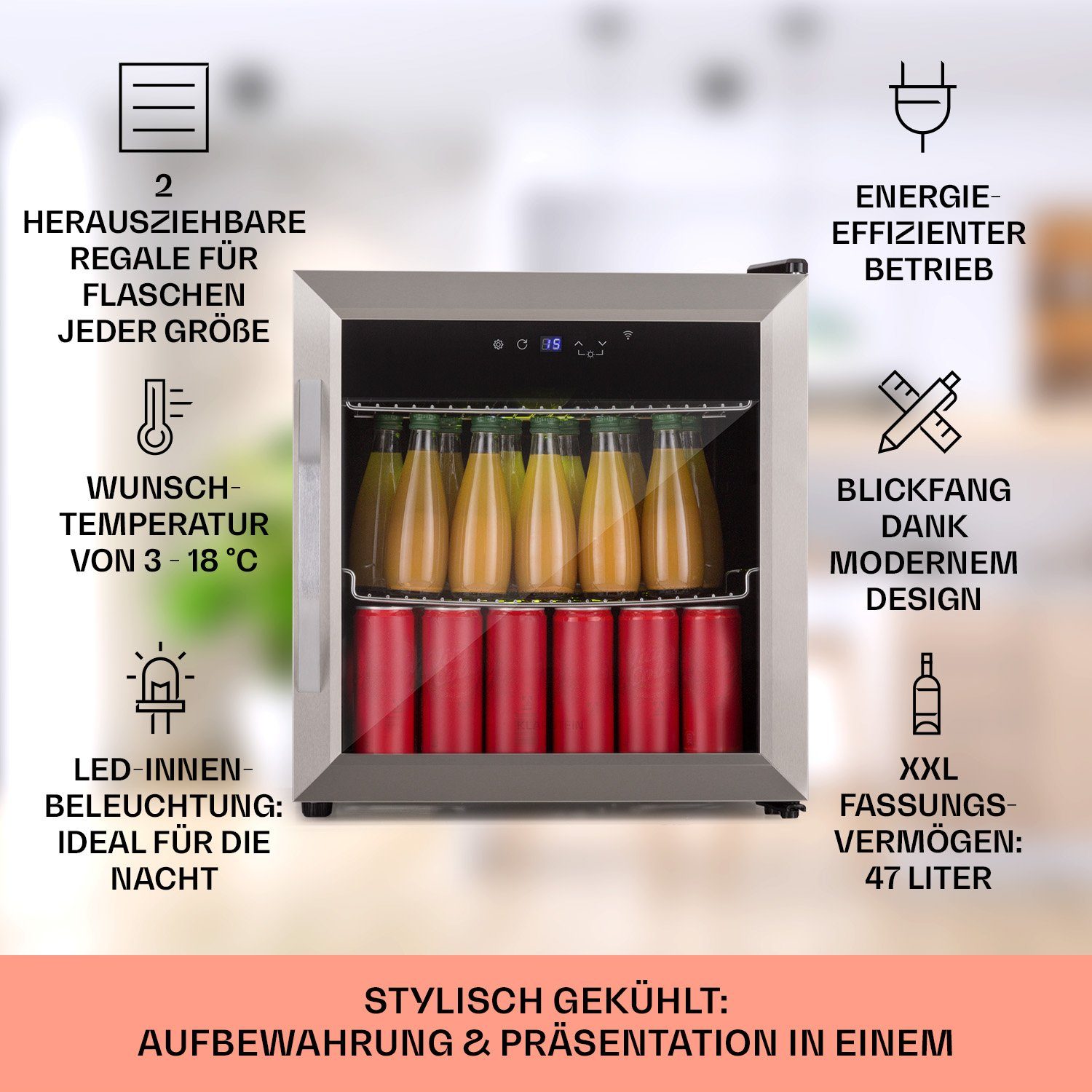 Klarstein Table Top Kühlschrank HEA-Coachella50 10034820A, 51 cm hoch, 47.5 cm breit, Bierkühlschrank Getränkekühlschrank Flaschenkühlschrank mit Glastür