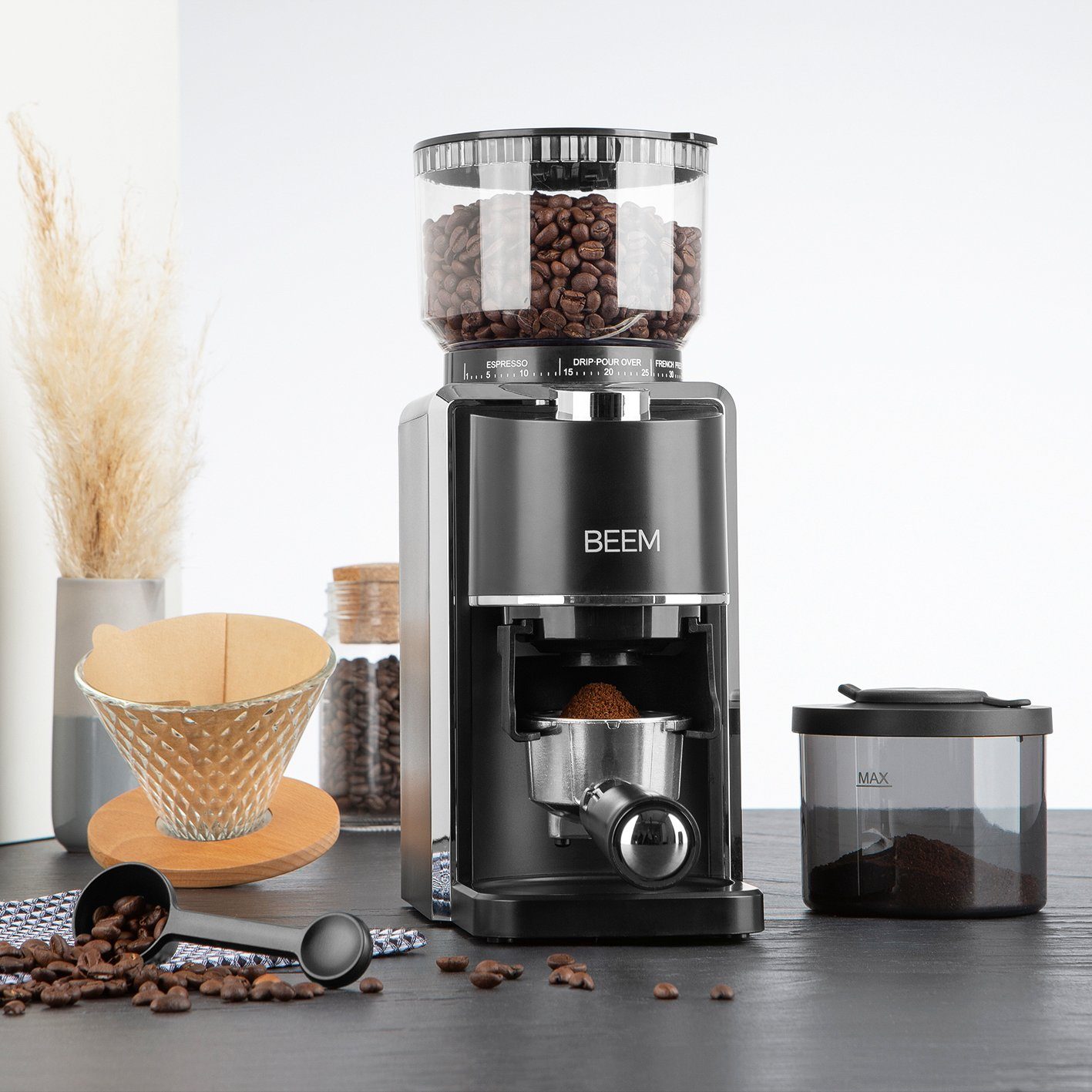 BEEM Kaffeemühle GRIND-PERFECT elektrisch 250 g, 150,00 W, 250,00 g Bohnenbehälter, Mengendosierung per Drehrad einstellbar (2-12 Tassen)