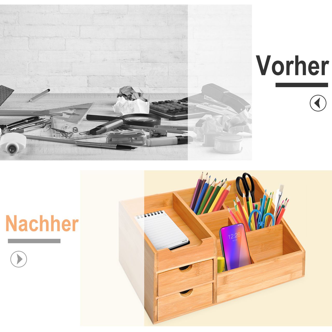 HOMCOM Schreibtischorganizer Aufbewahrungsbox Büro Box Organisation 2 Schubladen Natur L33 x B20,5 x H15,5 cm